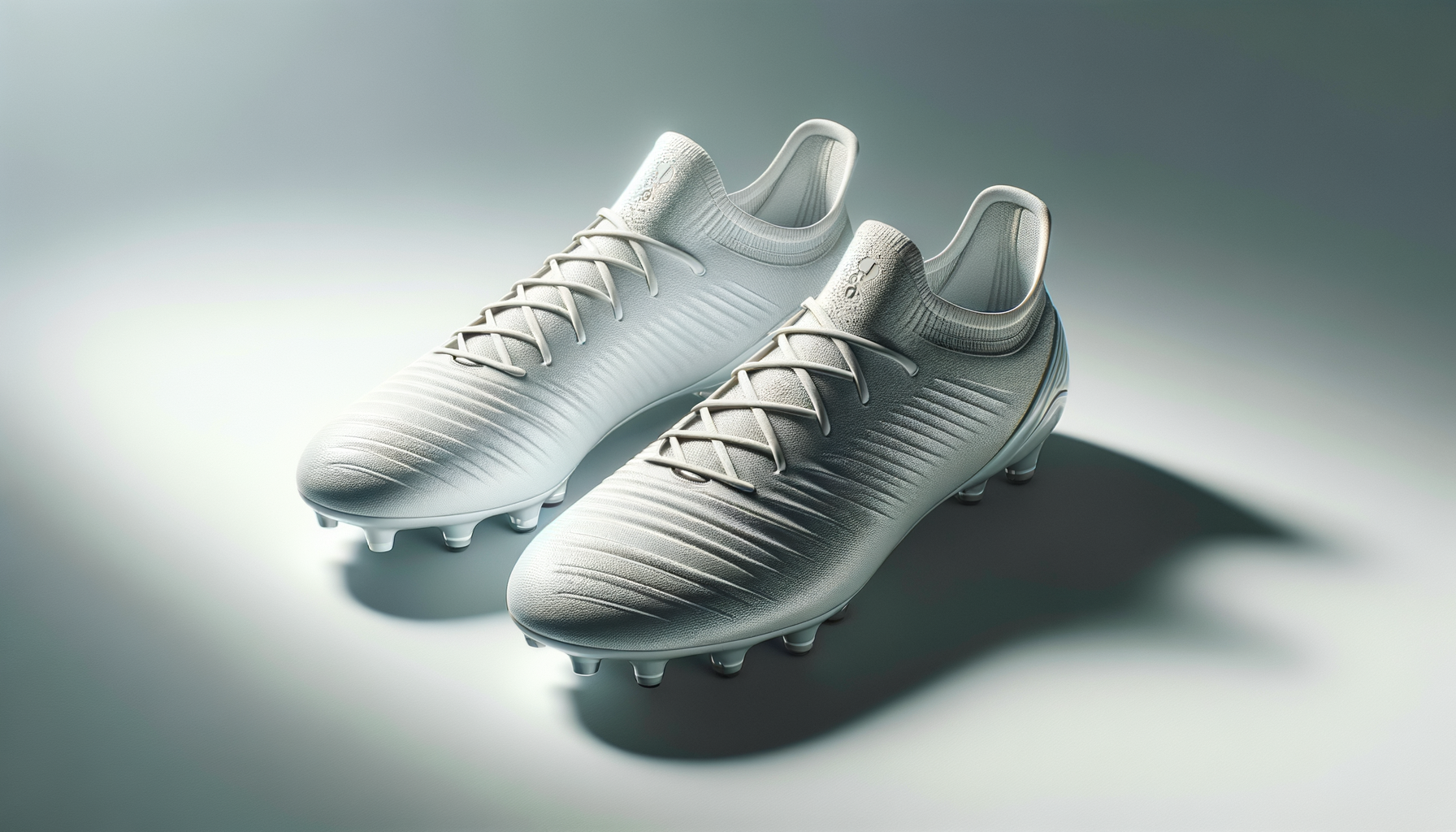 A pair of white Adidas soccer cleats with textured design and studs on the sole, displayed on a plain surface.
