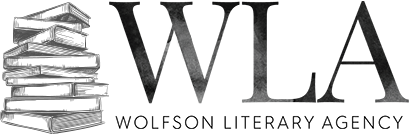 Black and gray Wolfson Literary Agency (WLA) logo with an illustrated stack of books on the left.