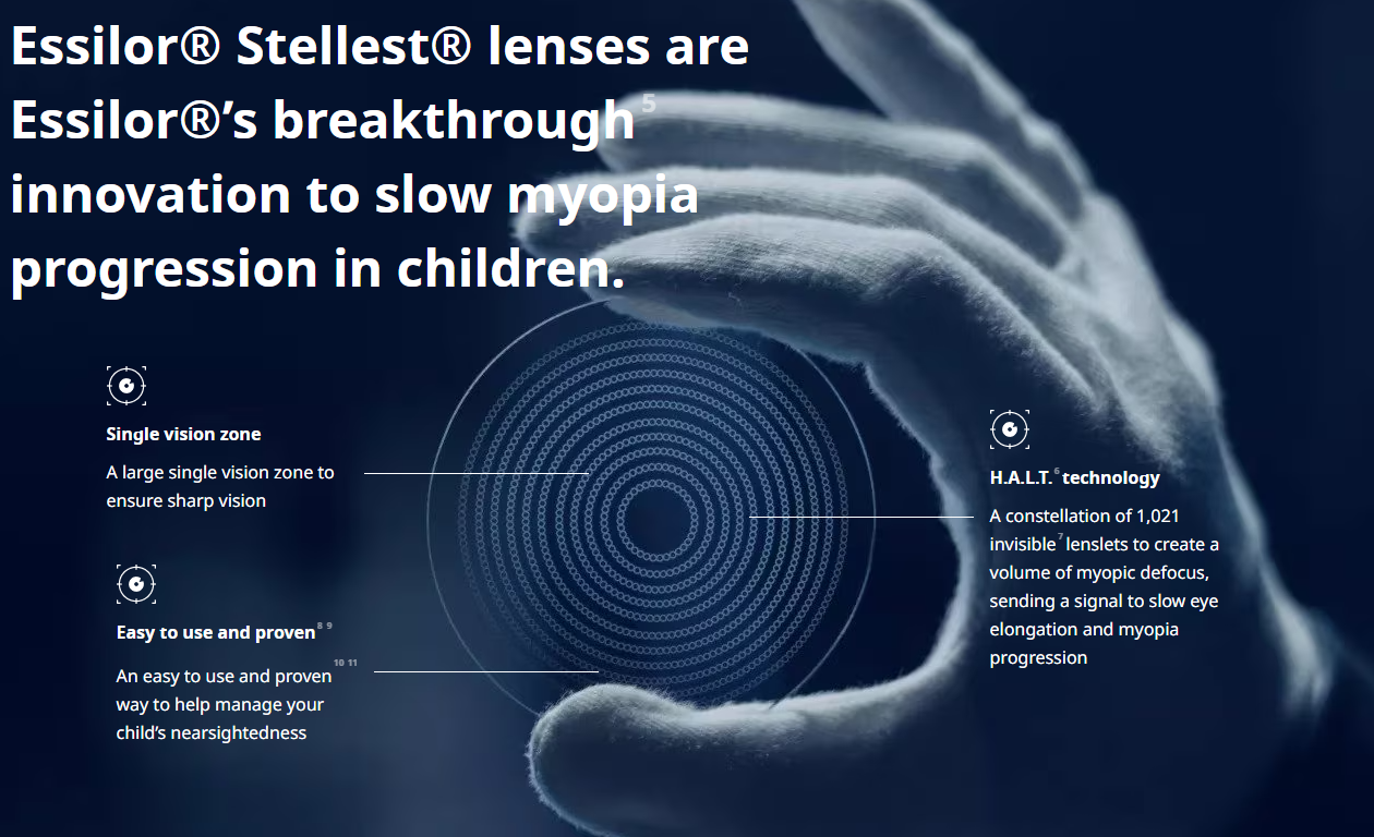 Close-up of an eye being held by a hand with an infographic overlay explaining a type of contact lens technology used to slow myopia progression in children.