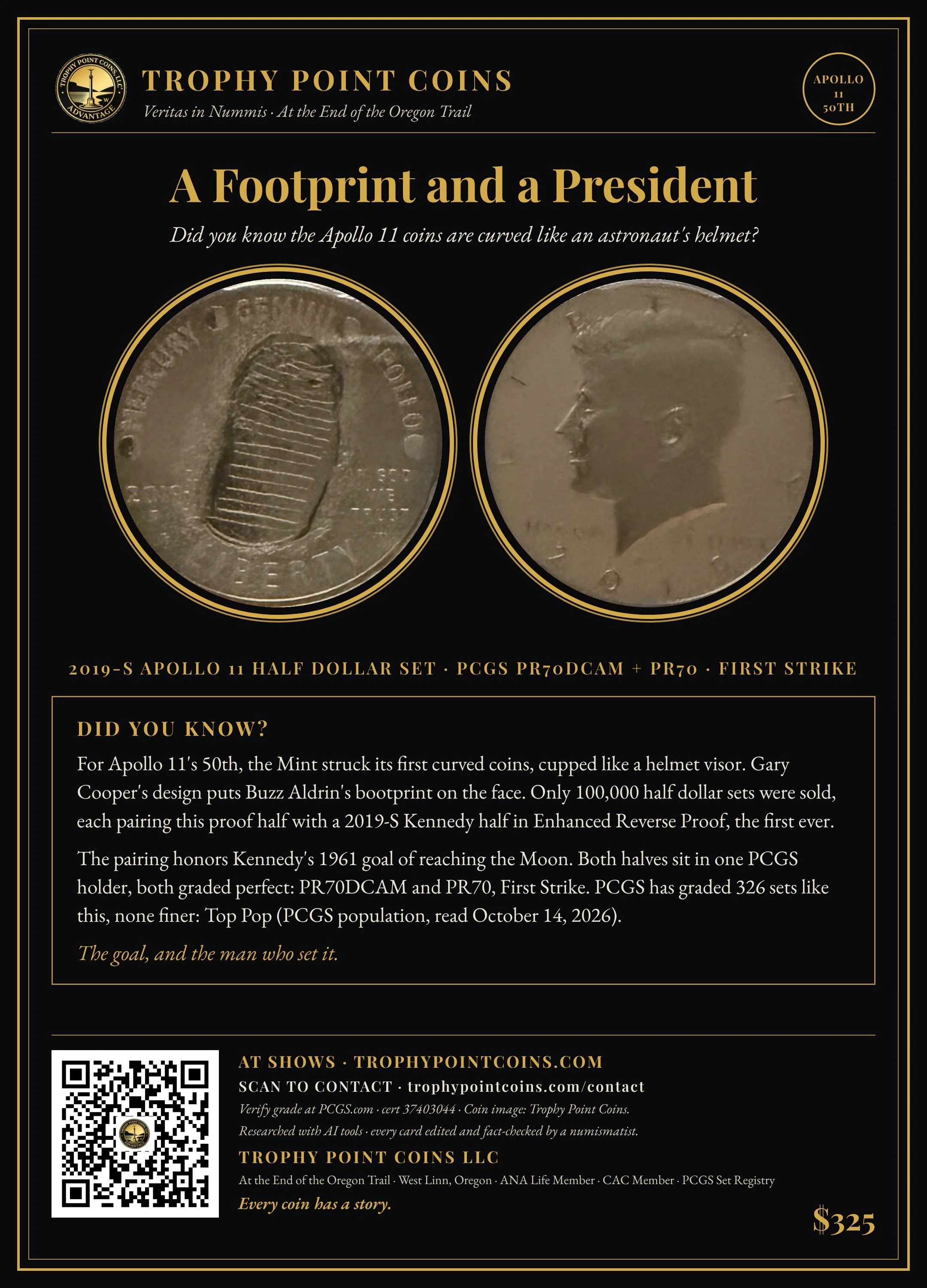 2019-S Apollo 11 50th Anniversary Two-Coin Set, First Strike, PR70DCAM/PR70 PCGS