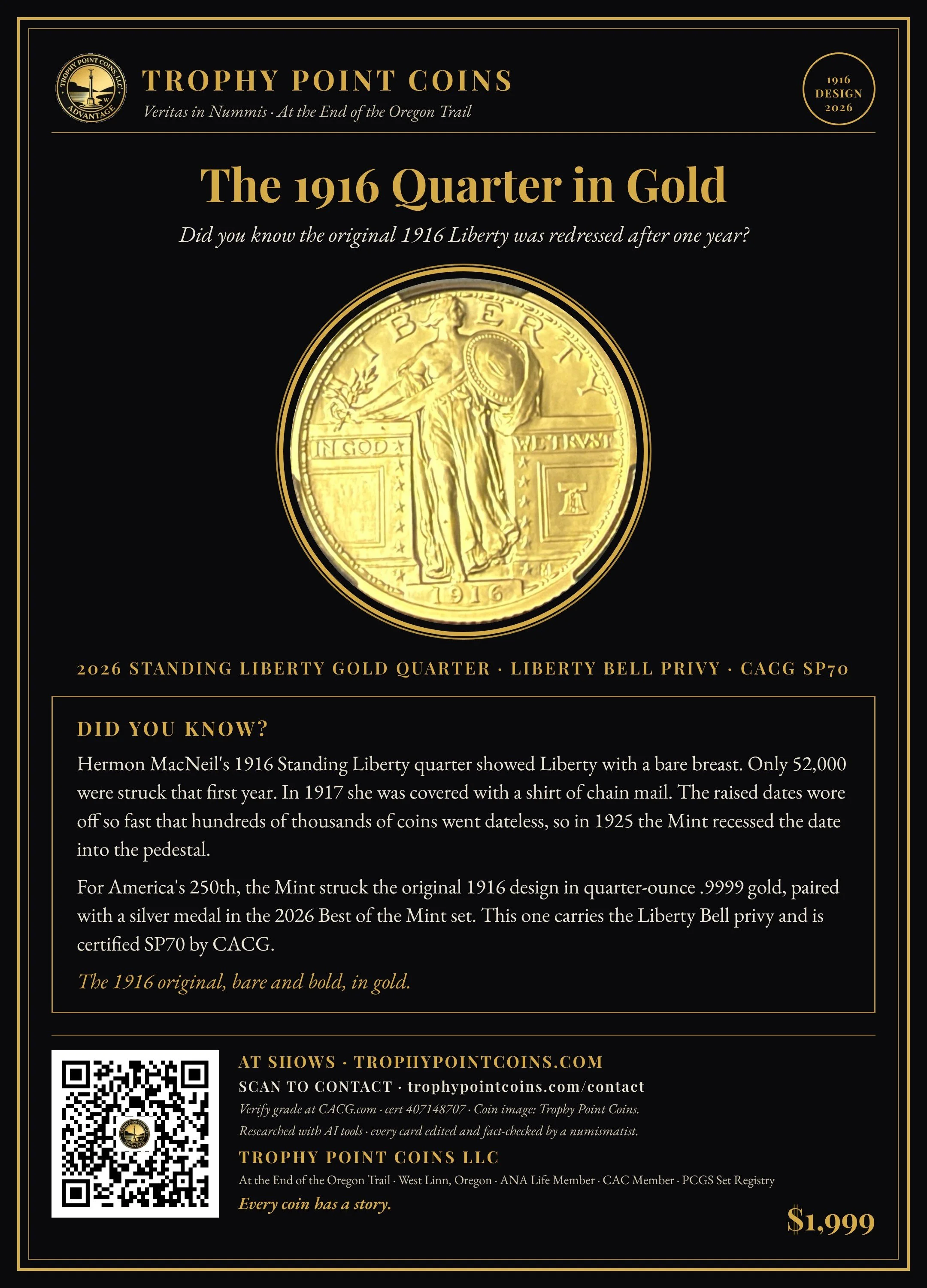 2026 Standing Liberty Gold Quarter, Liberty Bell Privy, SP70 CACG