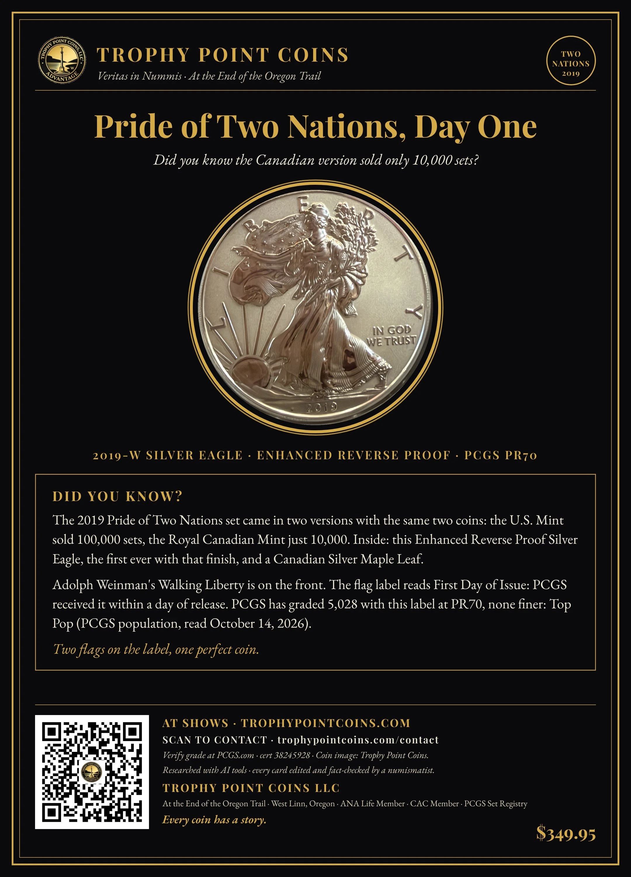 2019-W American Silver Eagle Enhanced Reverse Proof, Pride of Two Nations, PR70 PCGS