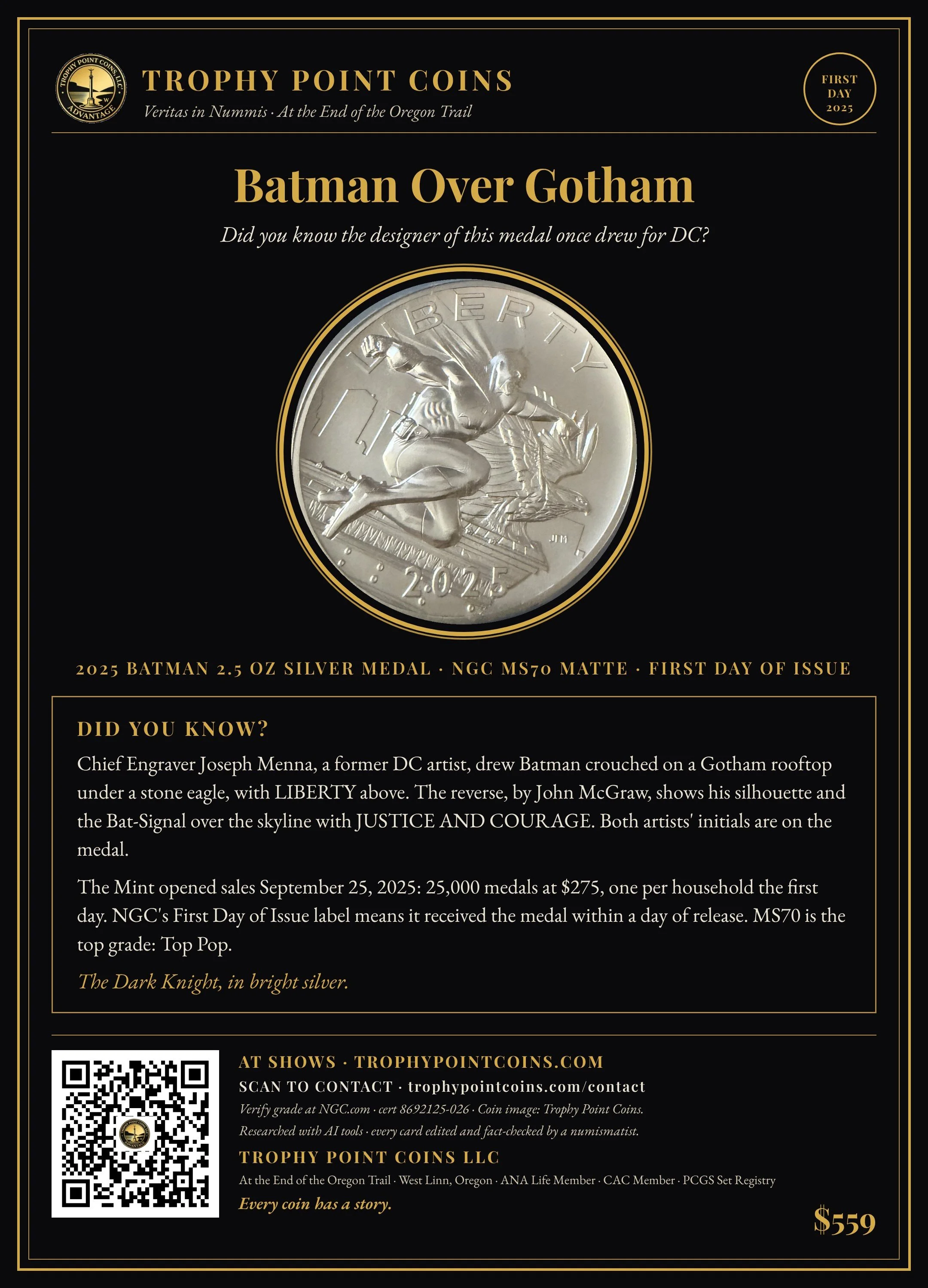 2025 DC Comics Batman 2.5 oz Silver Medal, First Day of Issue, MS70 Matte NGC
