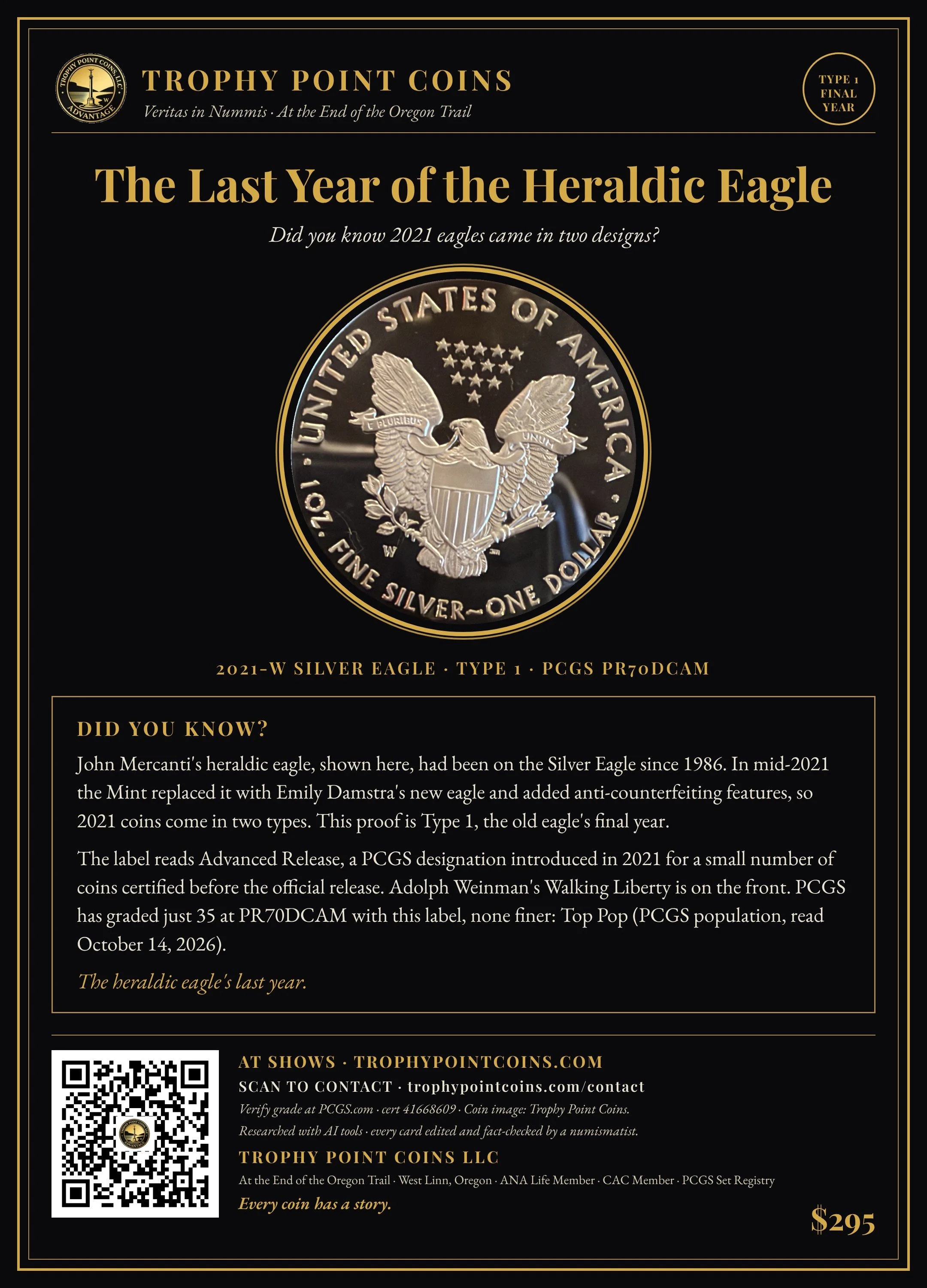 2021-W American Silver Eagle Type 1, Advanced Release, PR70DCAM PCGS