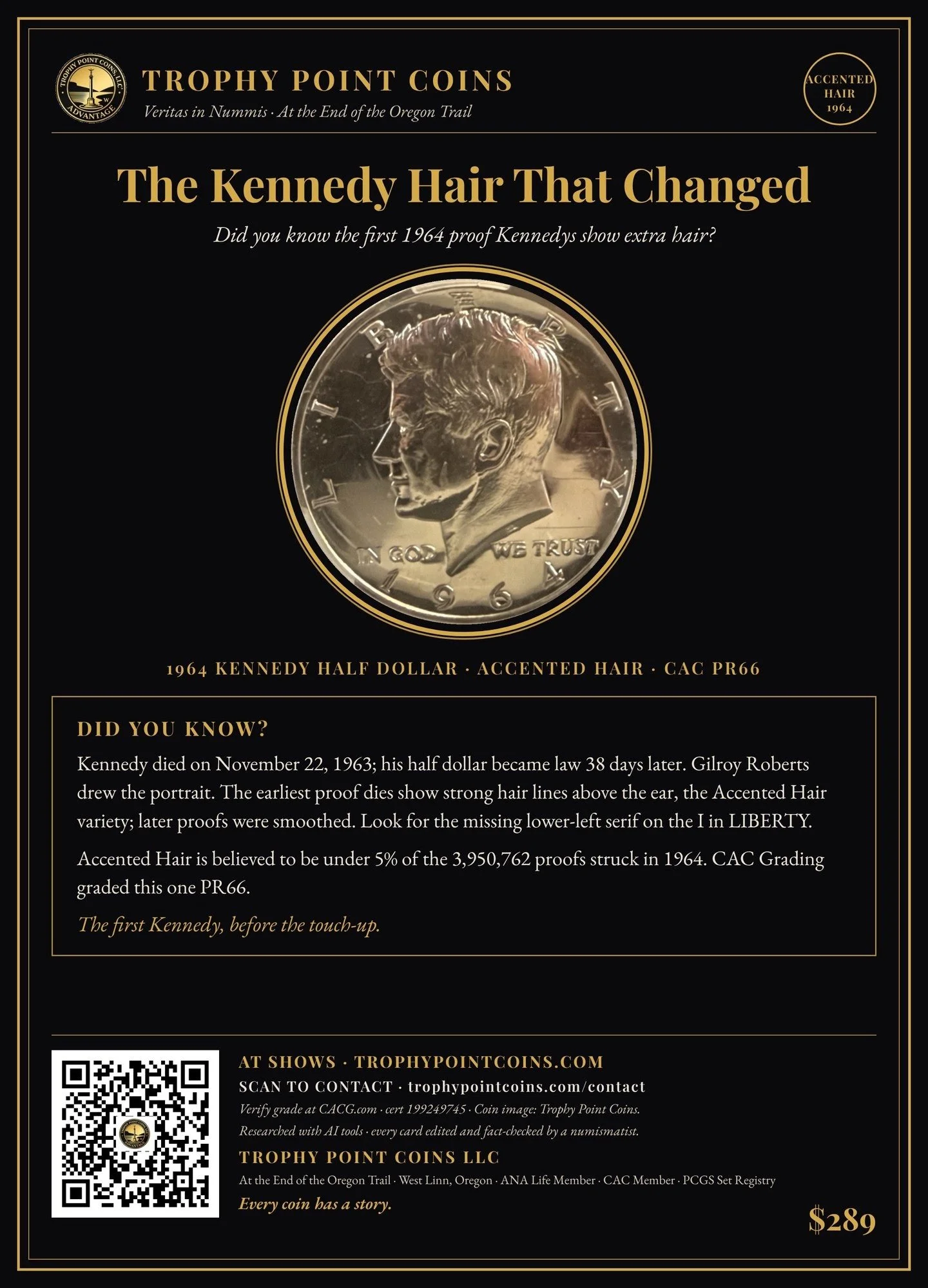 1964 Kennedy Half Dollar, Accented Hair, PR66 CACG