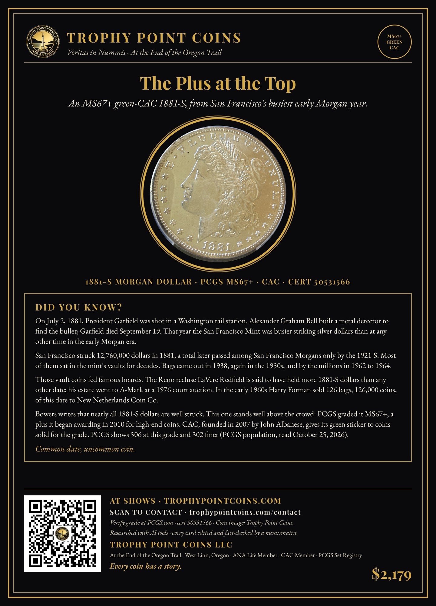 1881-S Morgan Dollar MS67+ PCGS, CAC