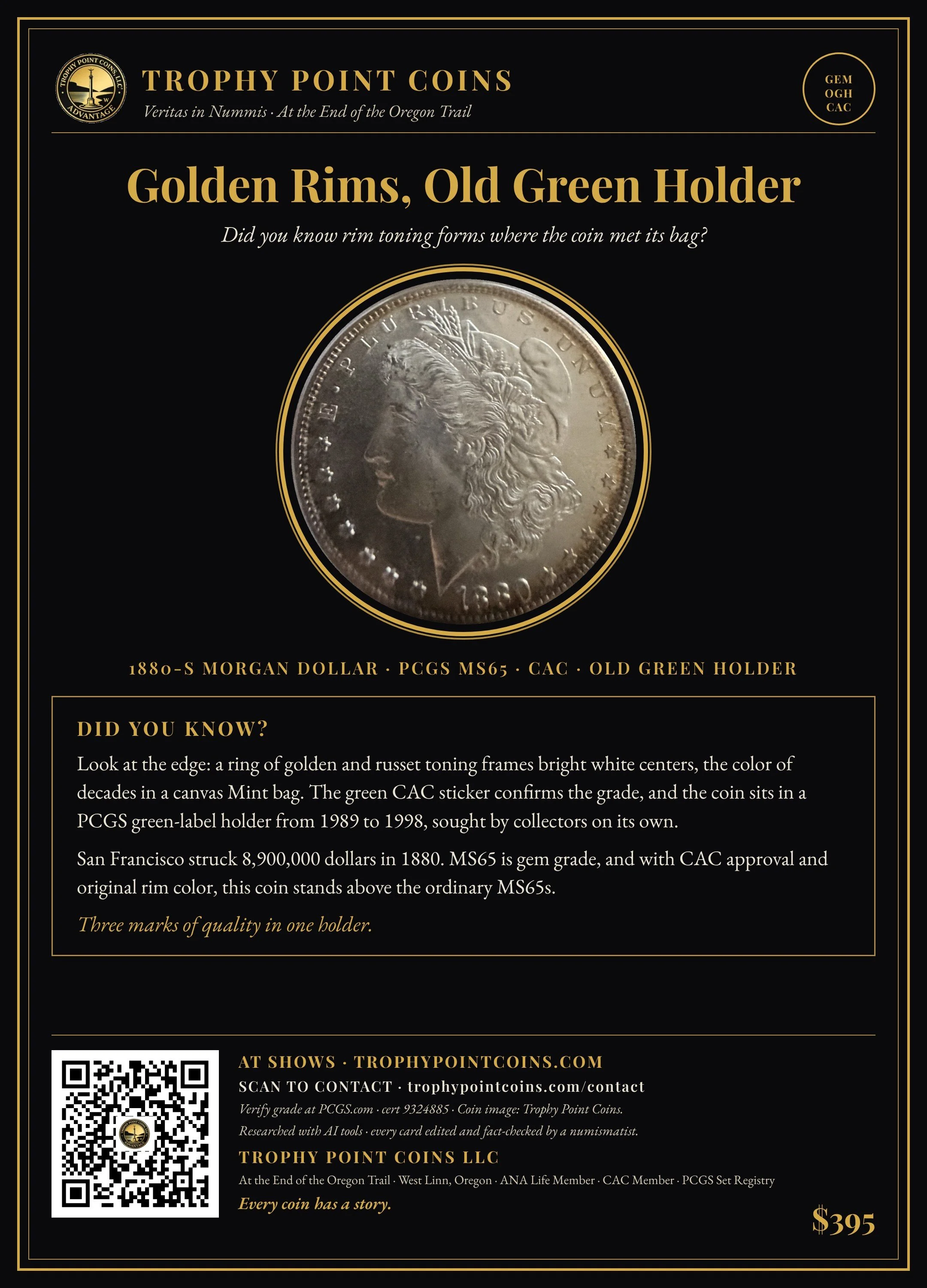 1880-S Morgan Dollar MS65 PCGS, Old Green Holder, CAC