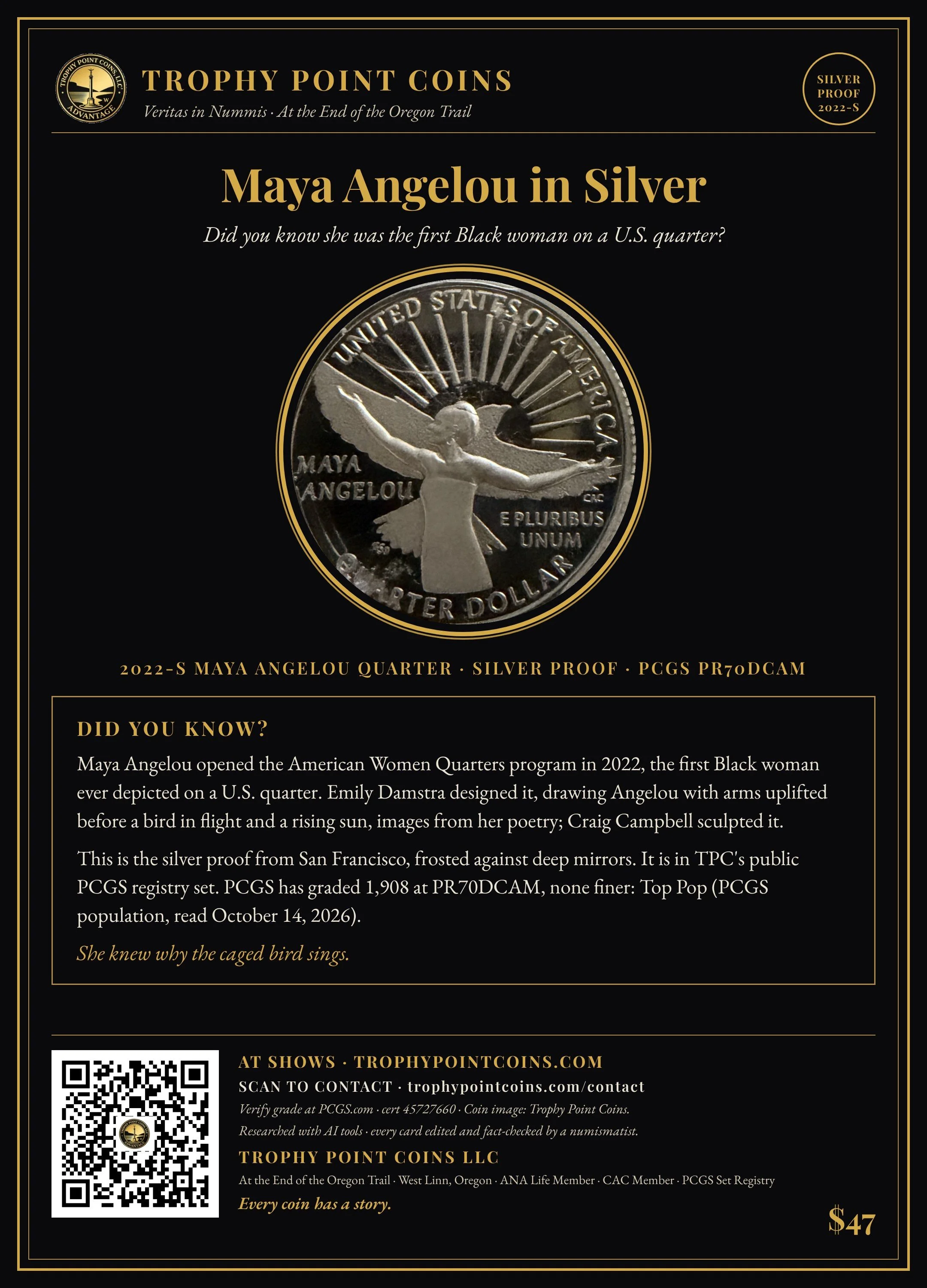 2022-S Maya Angelou Quarter, Silver, PR70DCAM PCGS