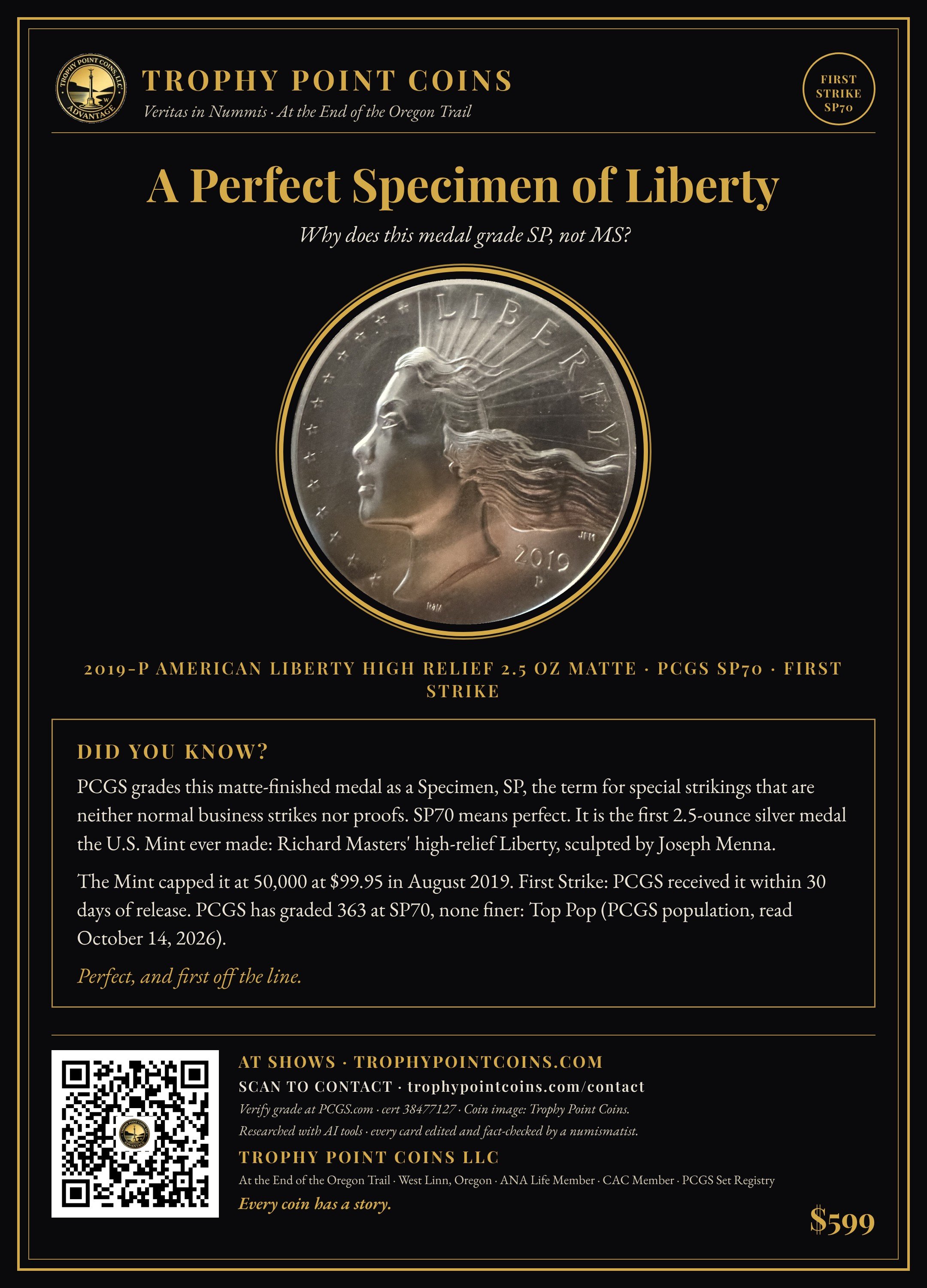 2019-P American Liberty High Relief 2.5 oz Silver Medal SP70 PCGS