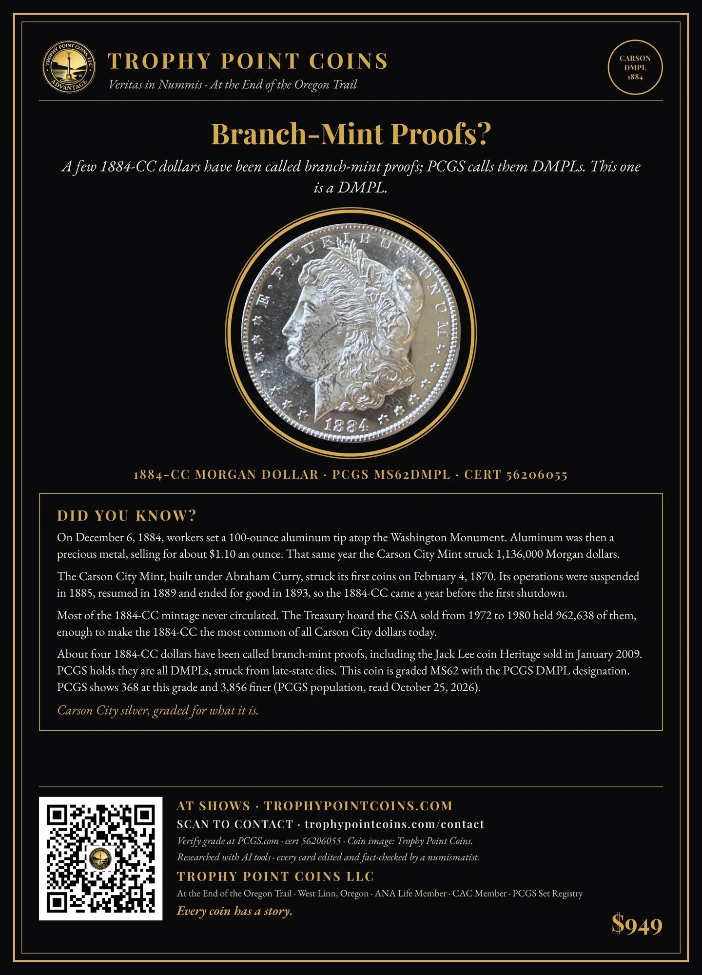1884-CC Morgan Dollar MS62DMPL PCGS