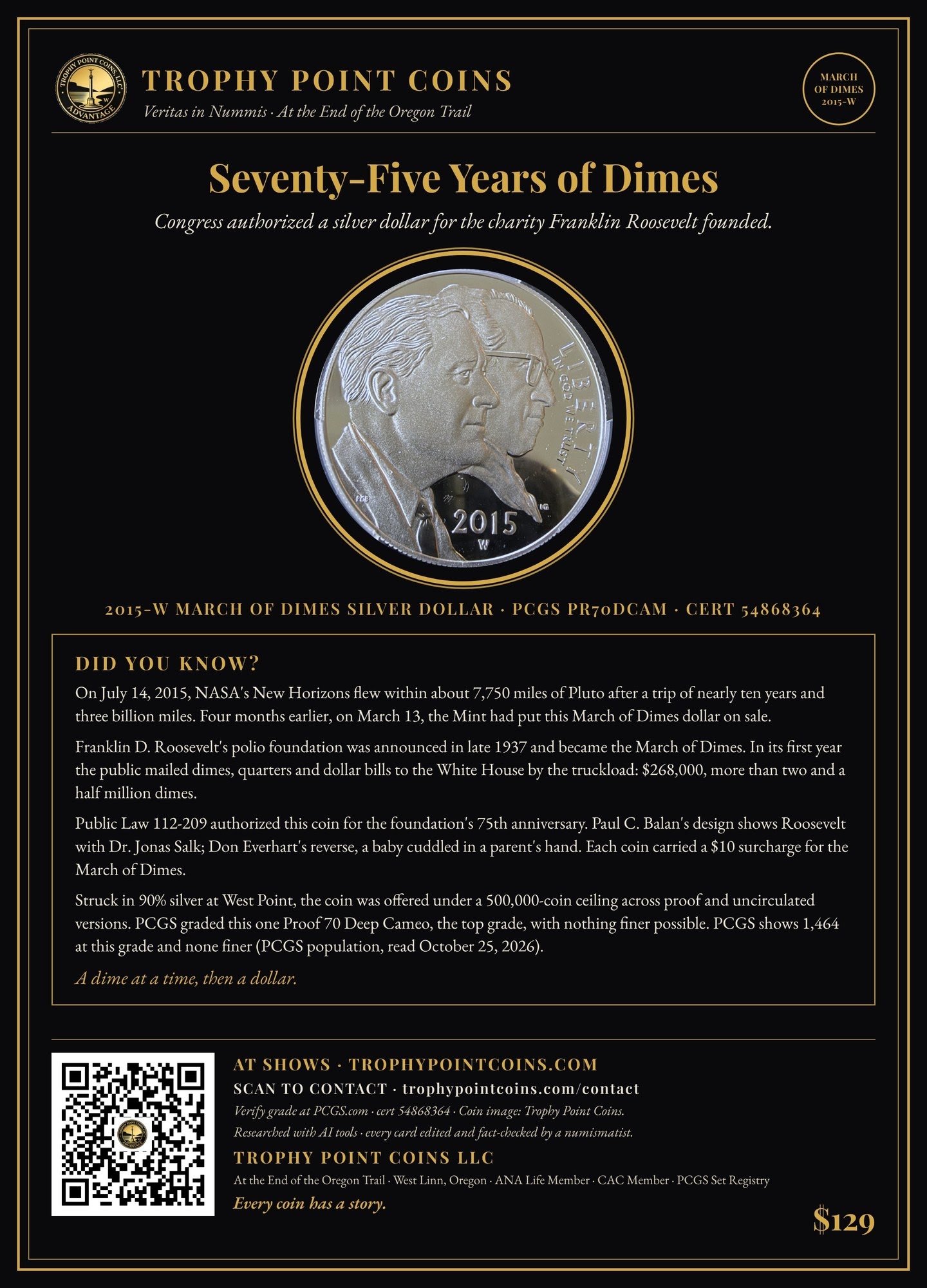 2015-W March of Dimes Silver Dollar PR70DCAM PCGS
