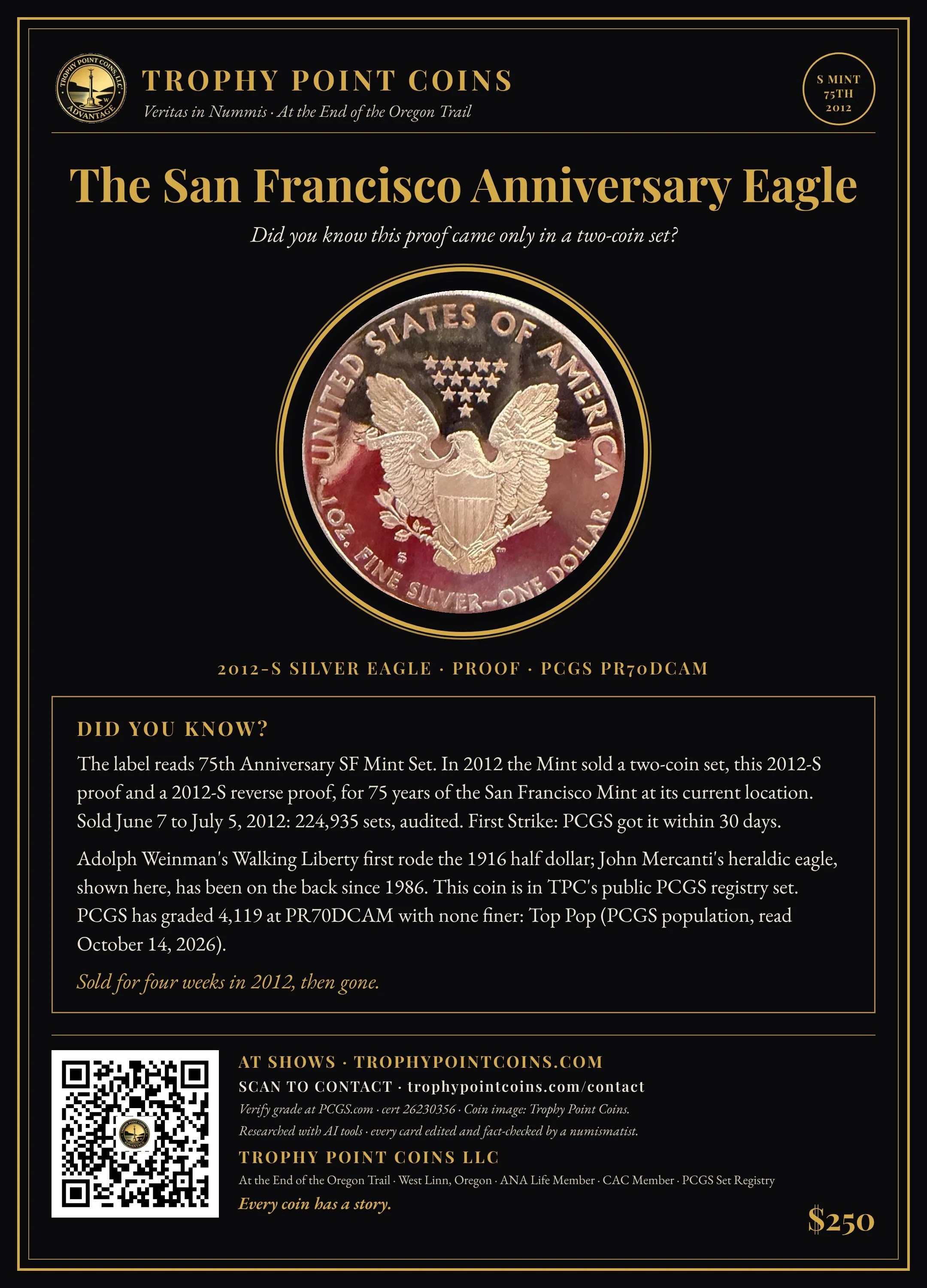 2012-S American Silver Eagle, 75th Anniversary, PR70DCAM PCGS