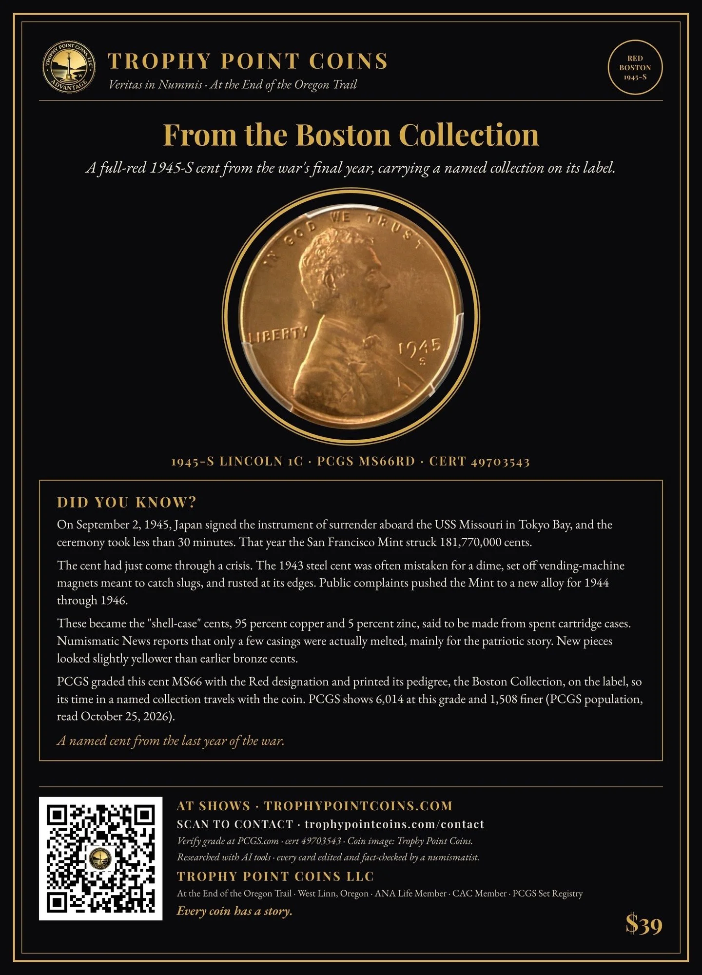 1945-S Lincoln Cent MS66RD PCGS