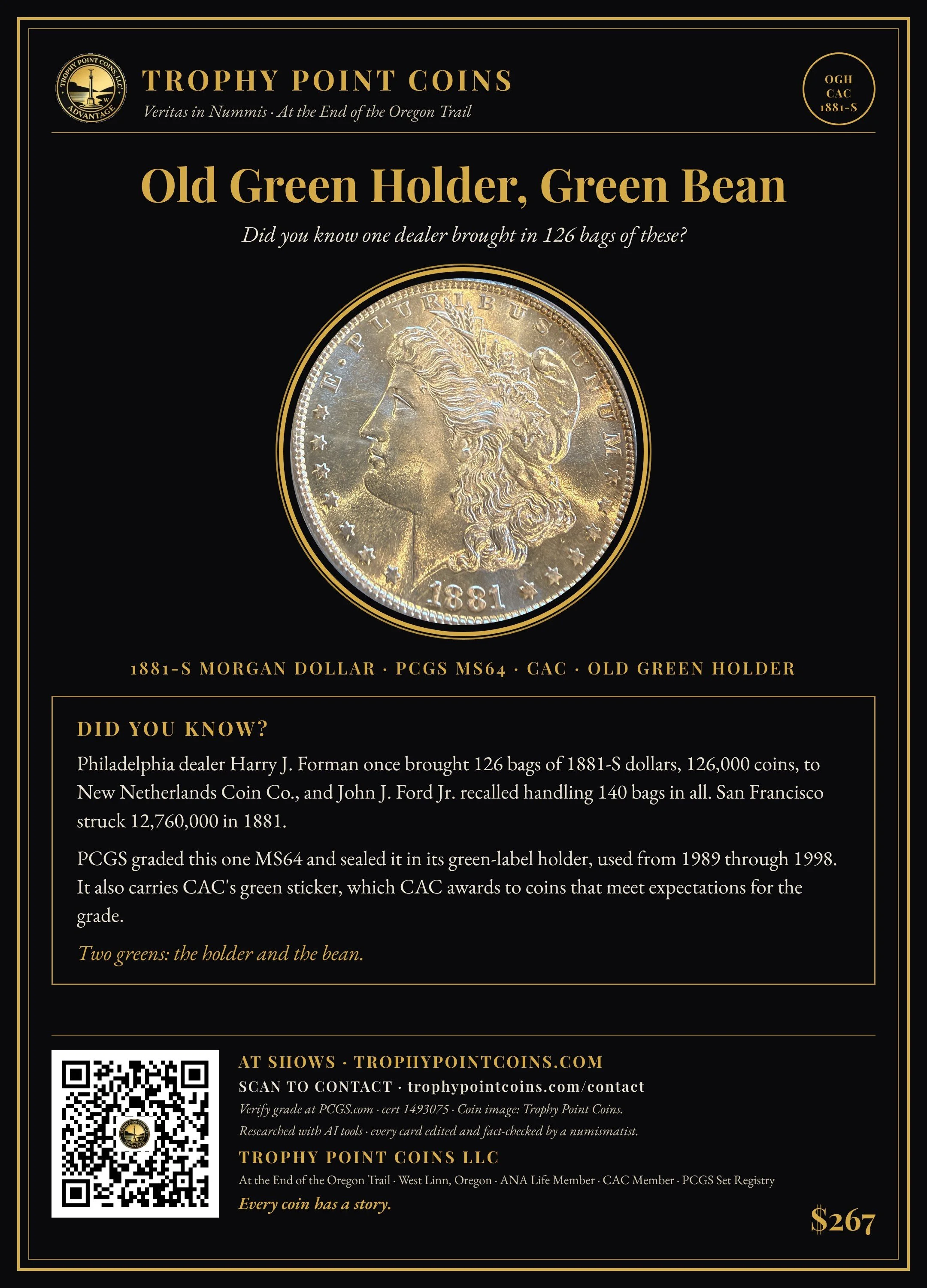 1881-S Morgan Dollar MS64 PCGS, Old Green Holder, CAC