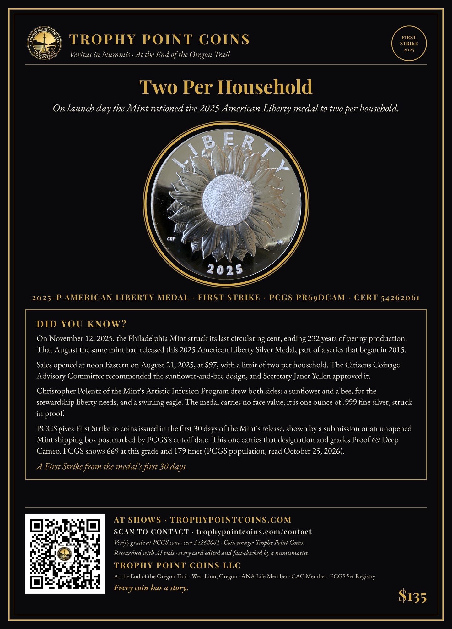 2025-P American Liberty Silver Medal, First Strike, PR69DCAM PCGS