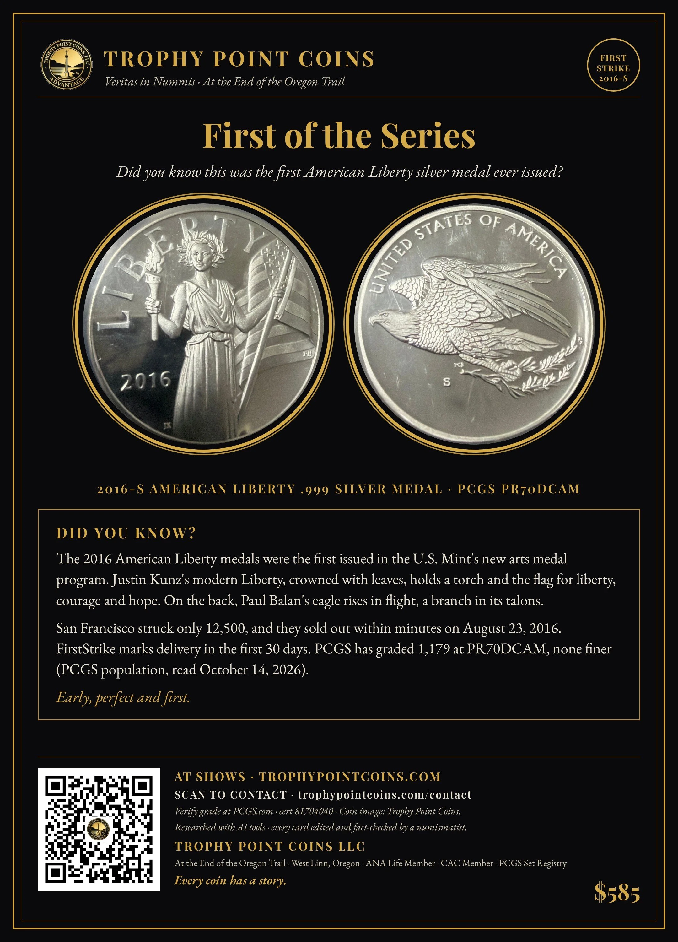 American Liberty Silver Medal, S-Mint, First Strike, PR70DCAM PCGS
