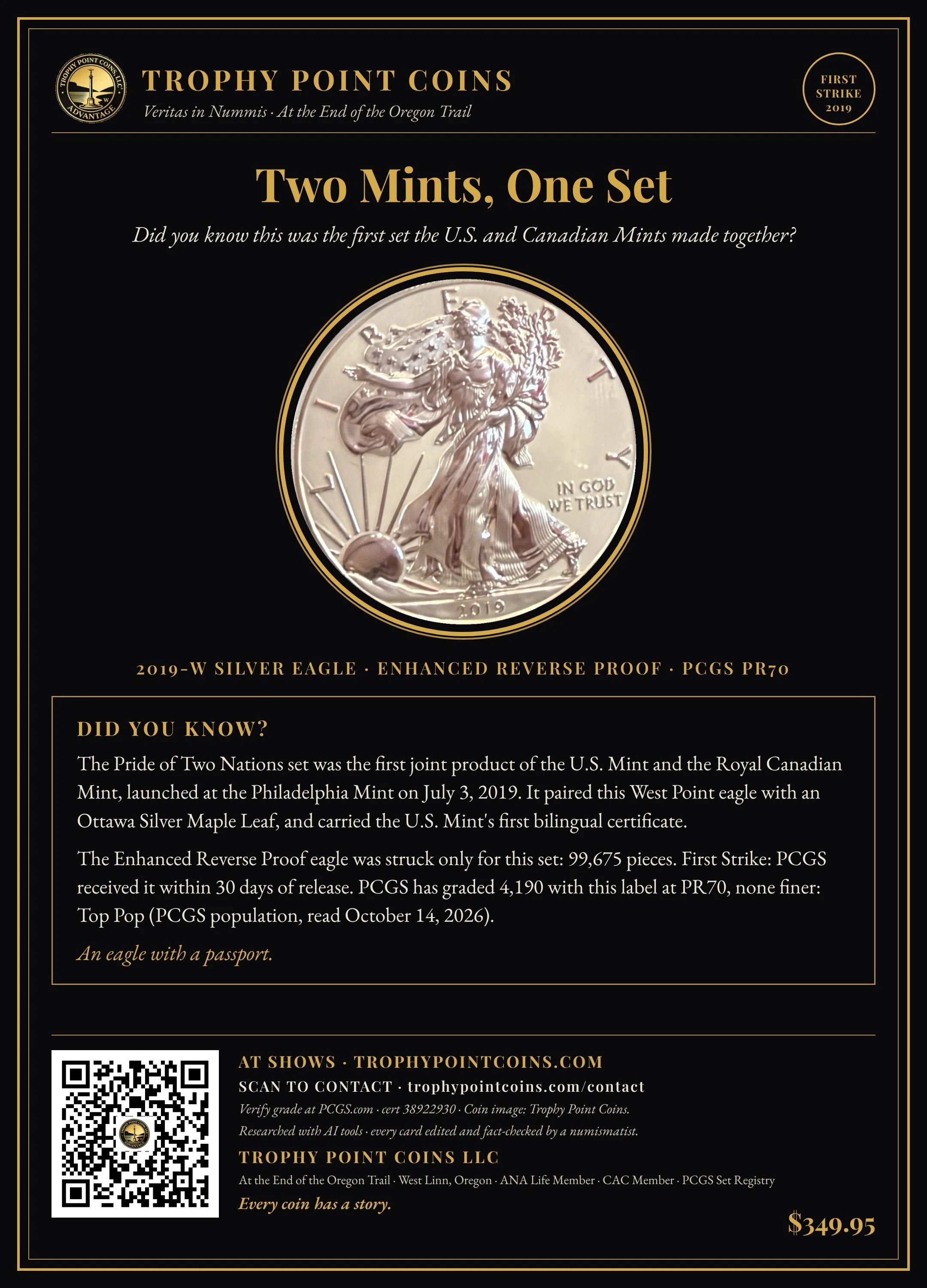 2019-W American Silver Eagle Enhanced Reverse Proof, Pride of Two Nations, First Strike, PR70 PCGS