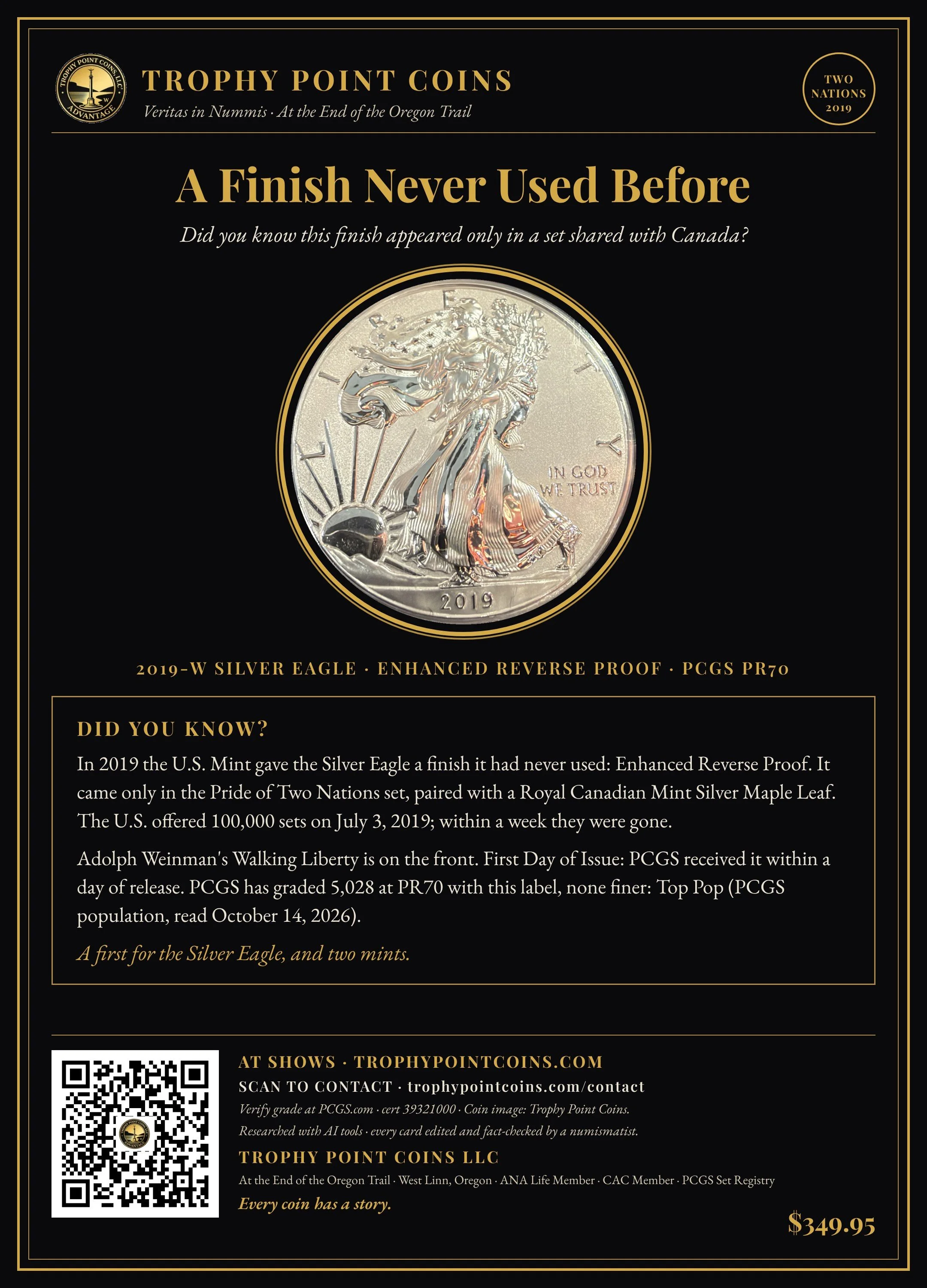 2019-W American Silver Eagle Enhanced Reverse Proof, Pride of Two Nations, PR70 PCGS