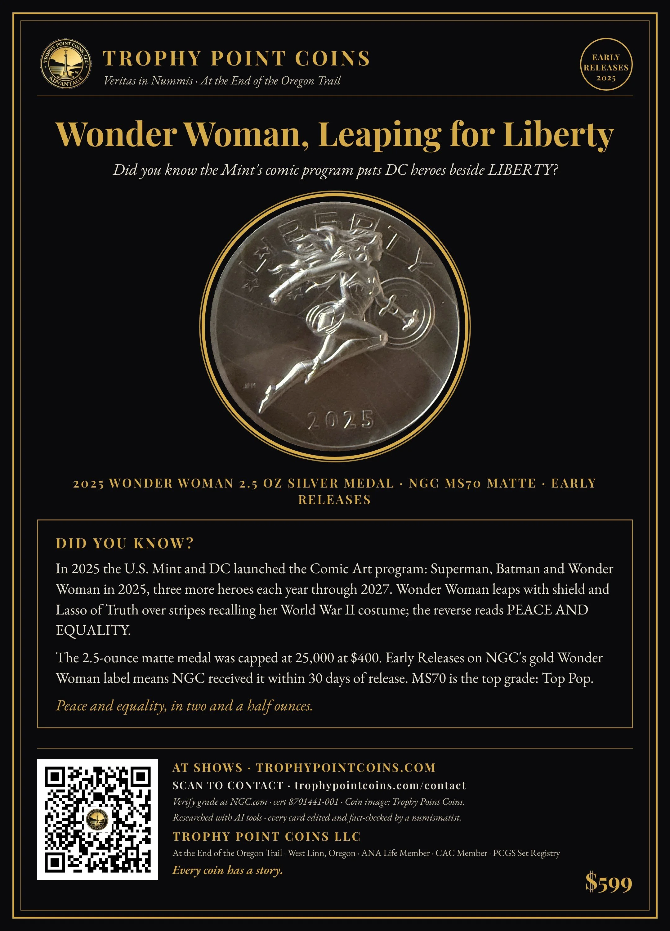 2025 DC Comics Wonder Woman 2.5 oz Silver Medal, Early Releases, MS70 Matte NGC
