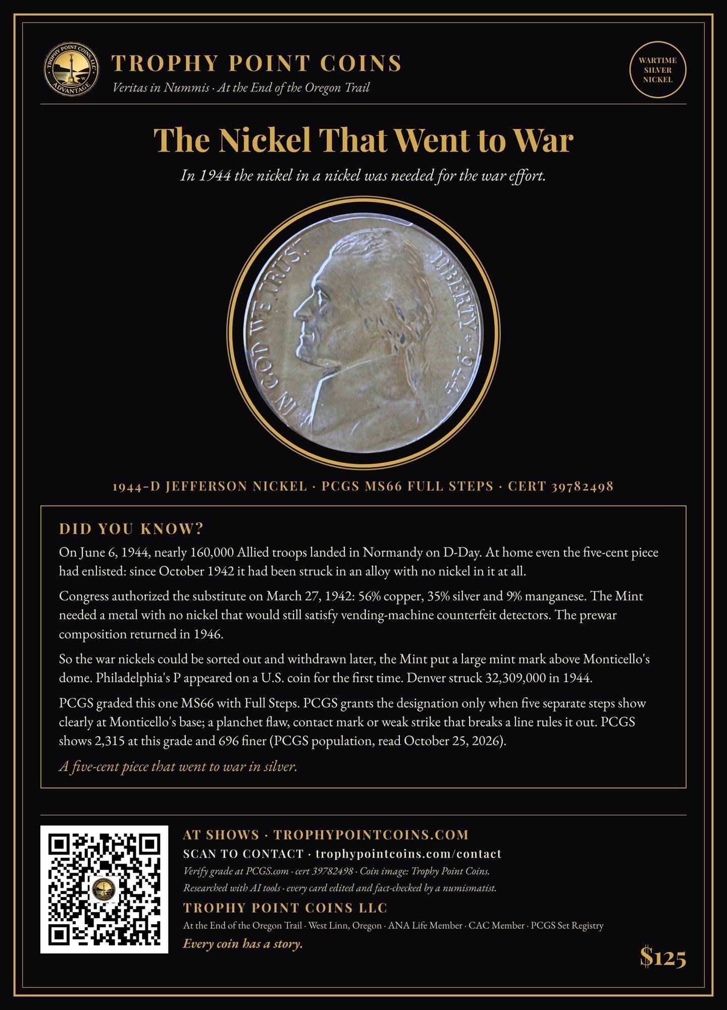 1944-D Jefferson Nickel MS66FS PCGS