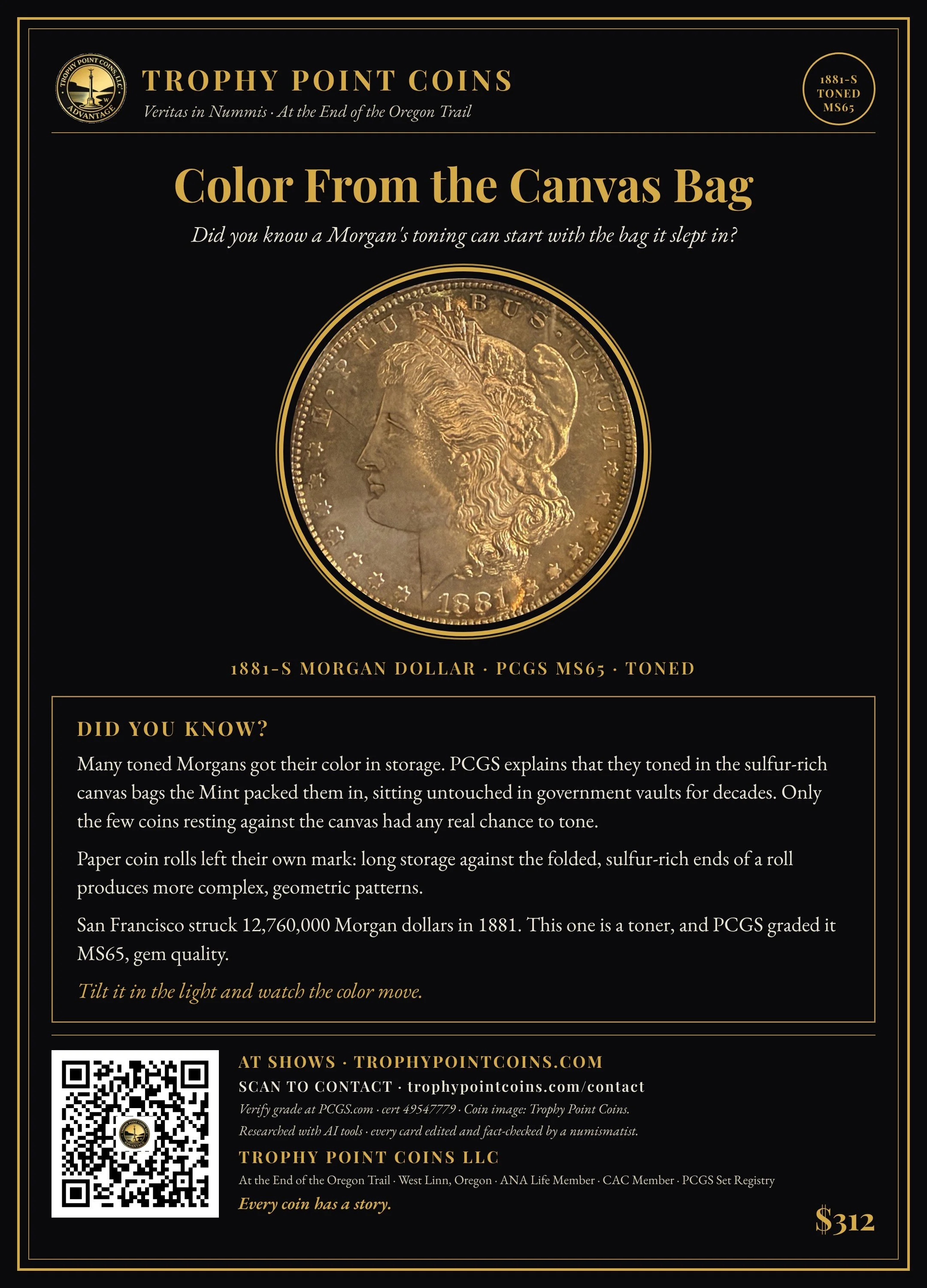 1881-S Morgan Dollar MS65 PCGS, Toned
