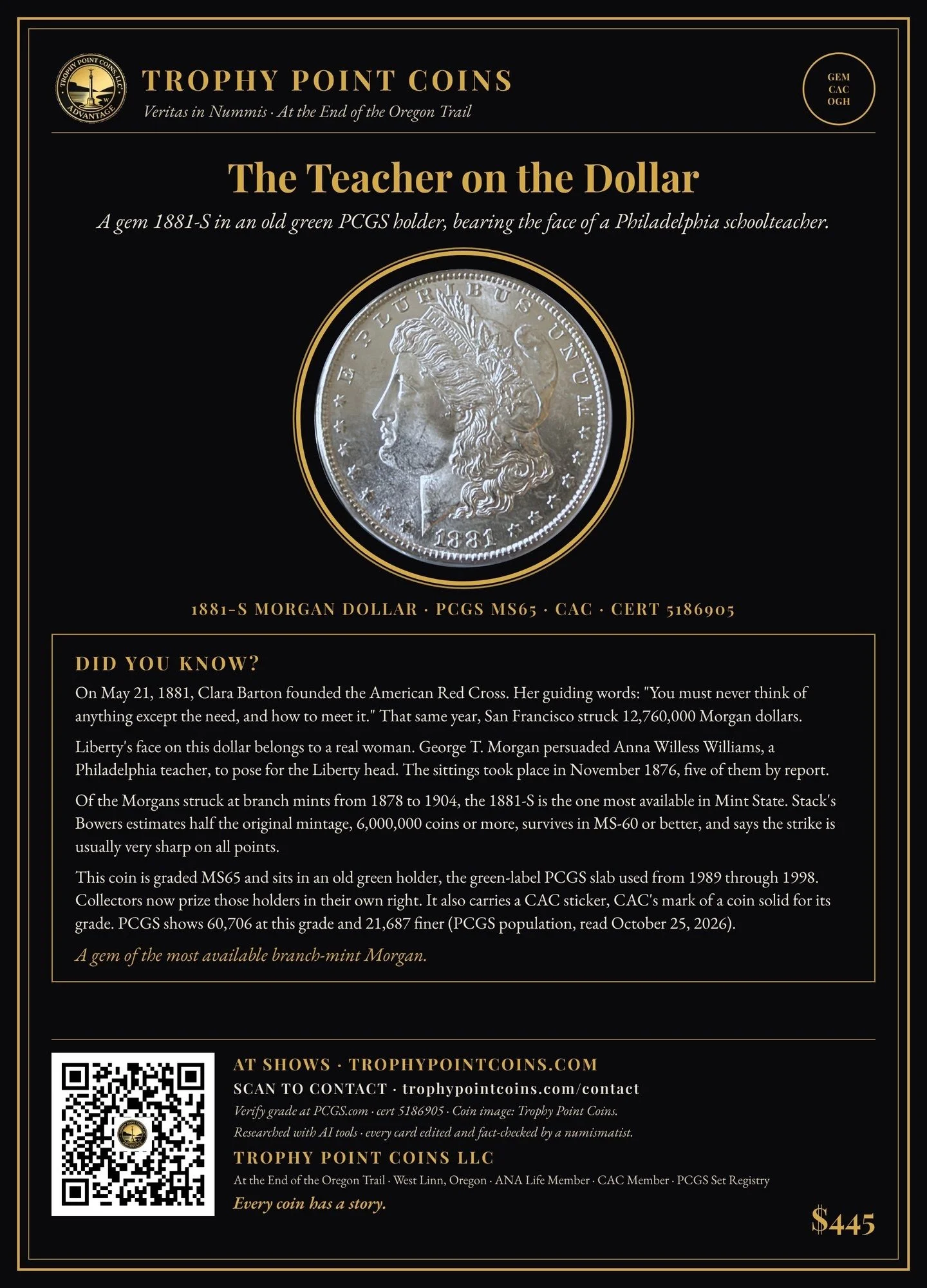1881-S Morgan Dollar MS65 PCGS, CAC, Old Green Holder