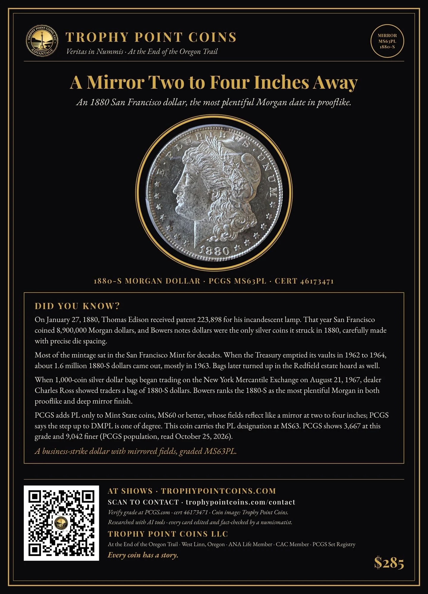 1880-S Morgan Dollar MS63PL PCGS
