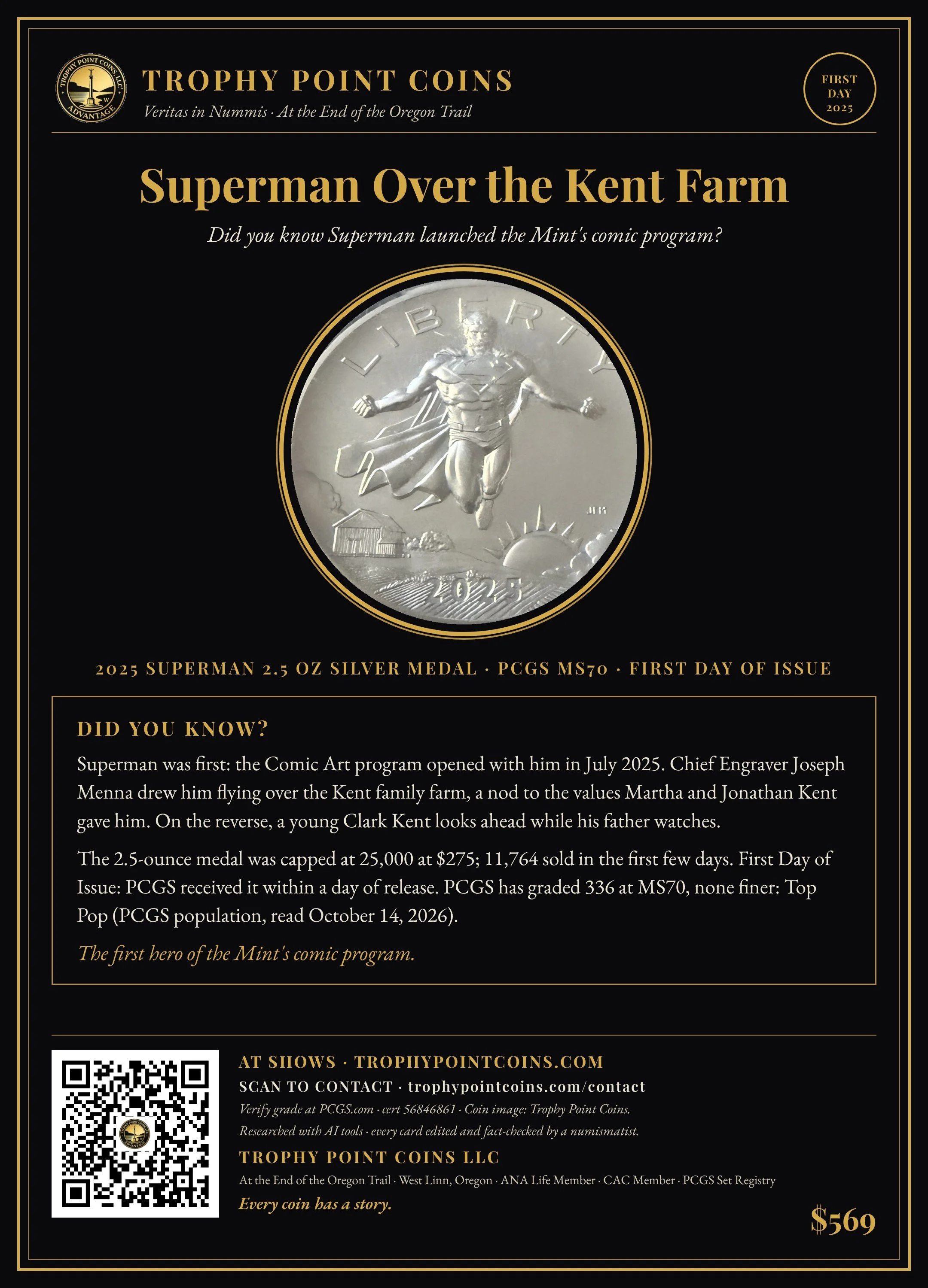 2025 DC Comics Superman 2.5 oz Silver Medal, First Day of Issue, MS70 PCGS