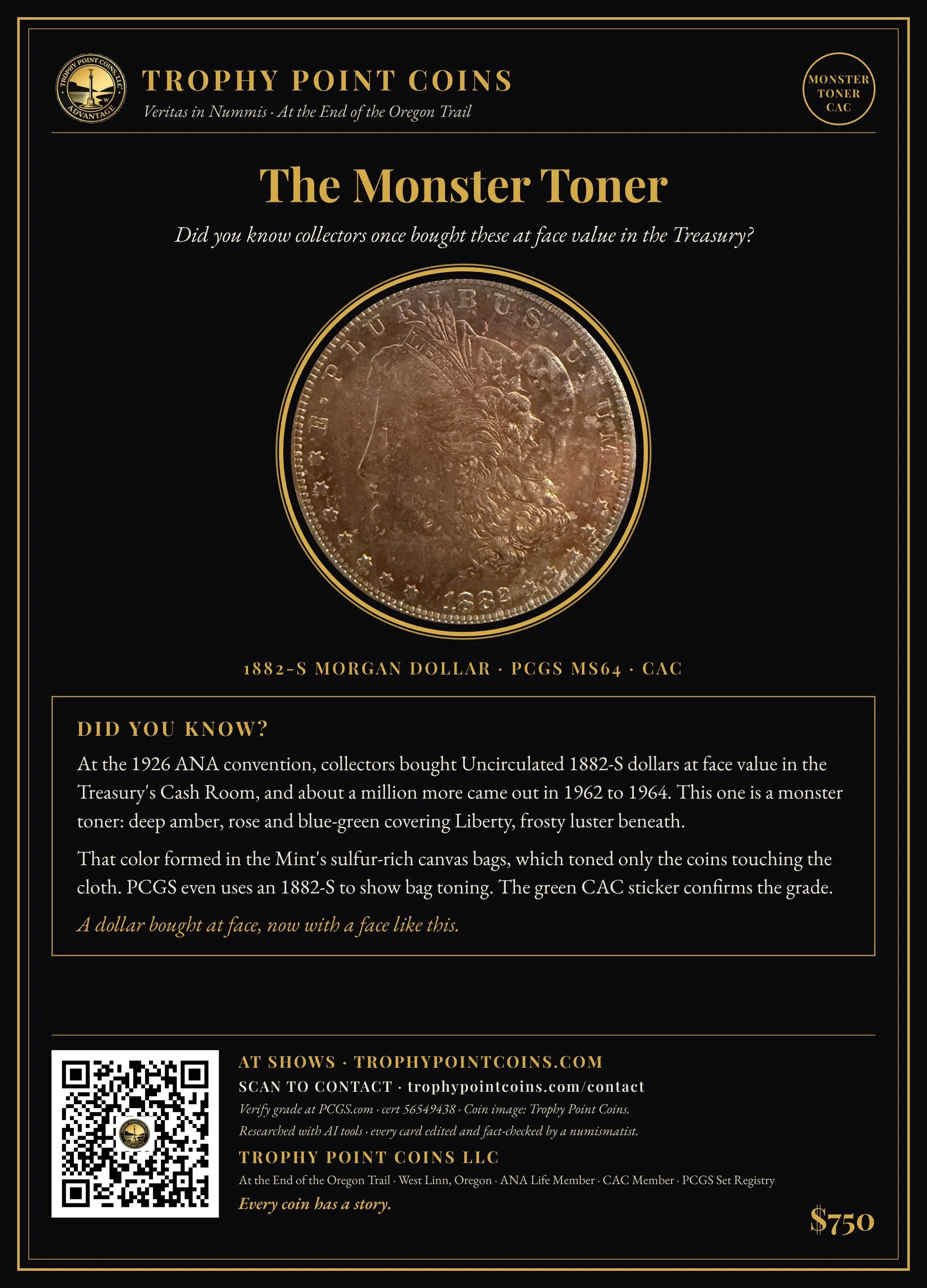 1882-S Morgan Dollar MS64 PCGS, Monster Toner