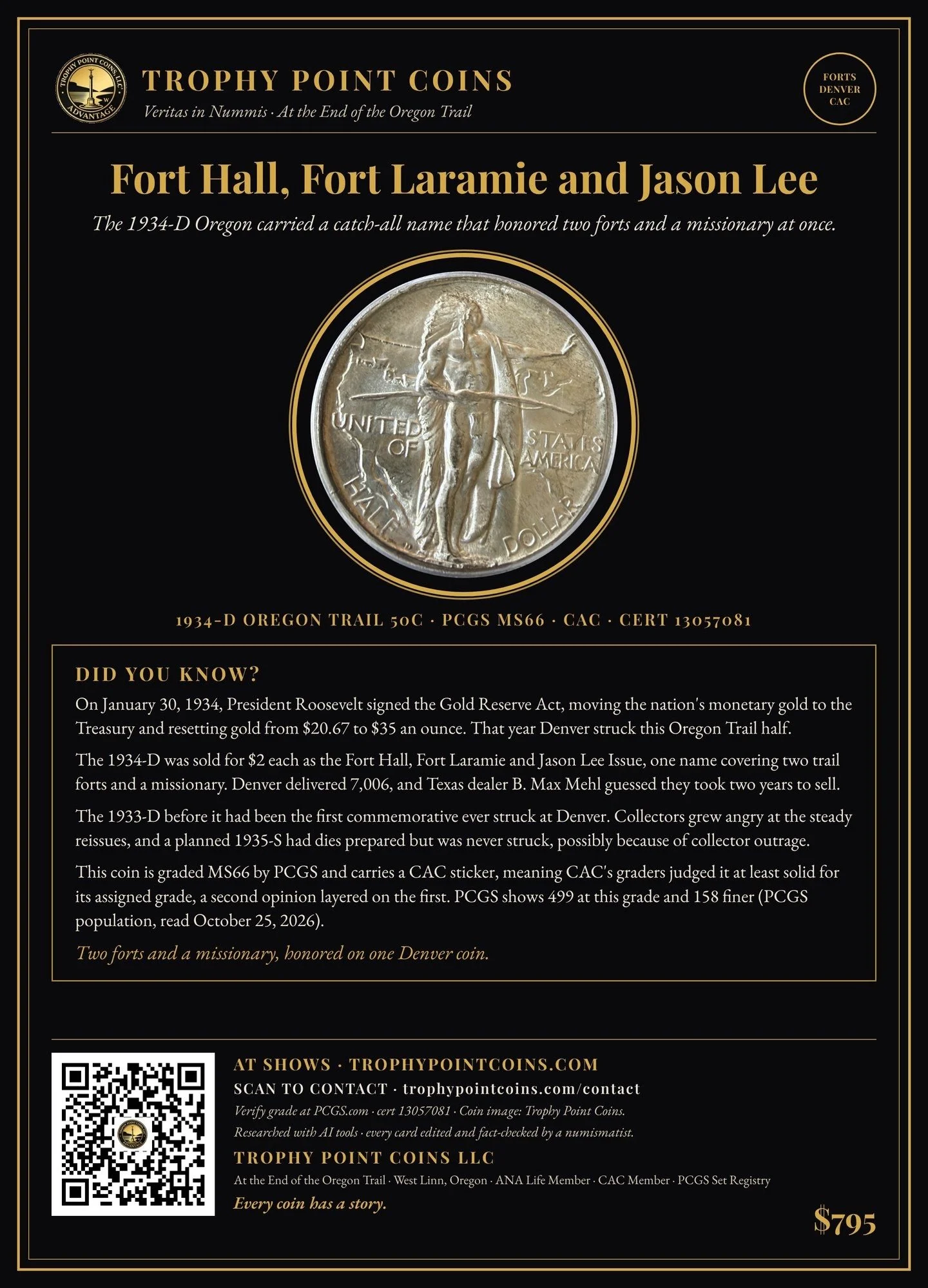 1934-D Oregon Trail Half Dollar MS66 PCGS, CAC