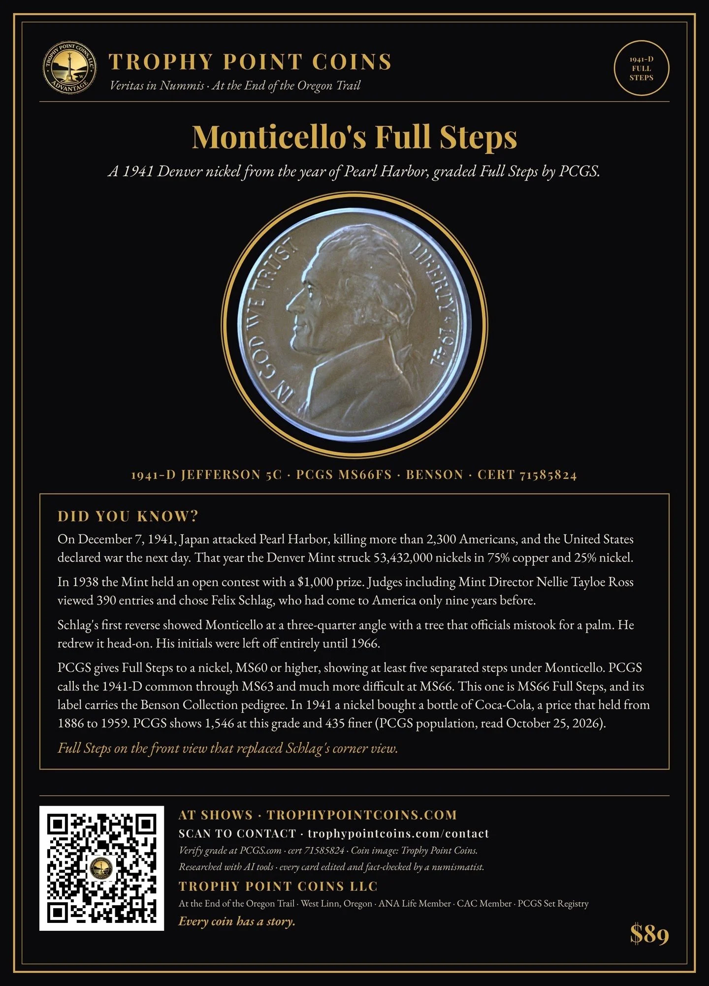 1941-D Jefferson Nickel MS66FS PCGS, Benson Collection