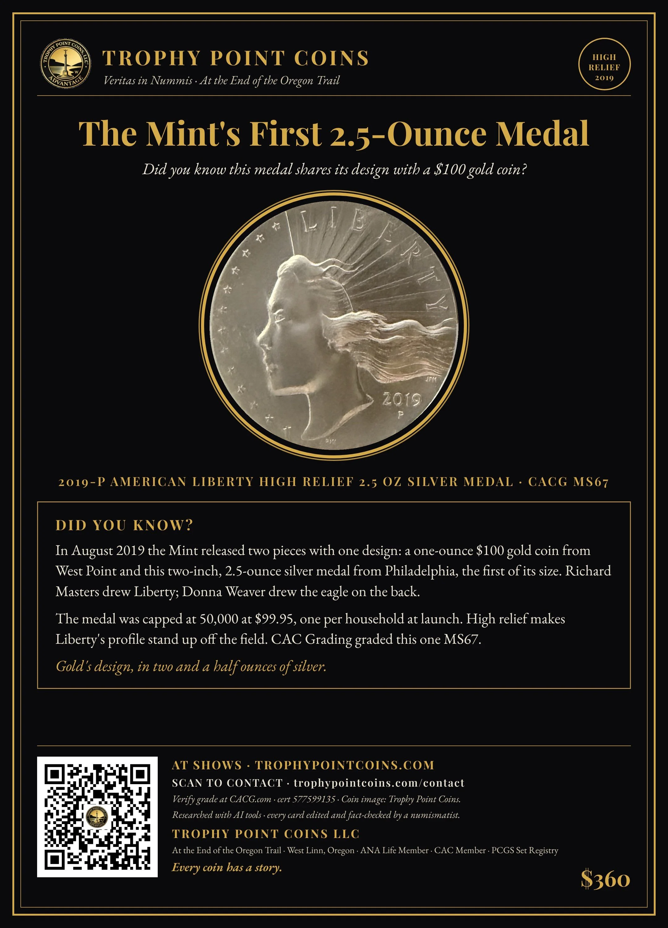 2019-P American Liberty High Relief 2.5 oz Silver Medal MS67 CACG