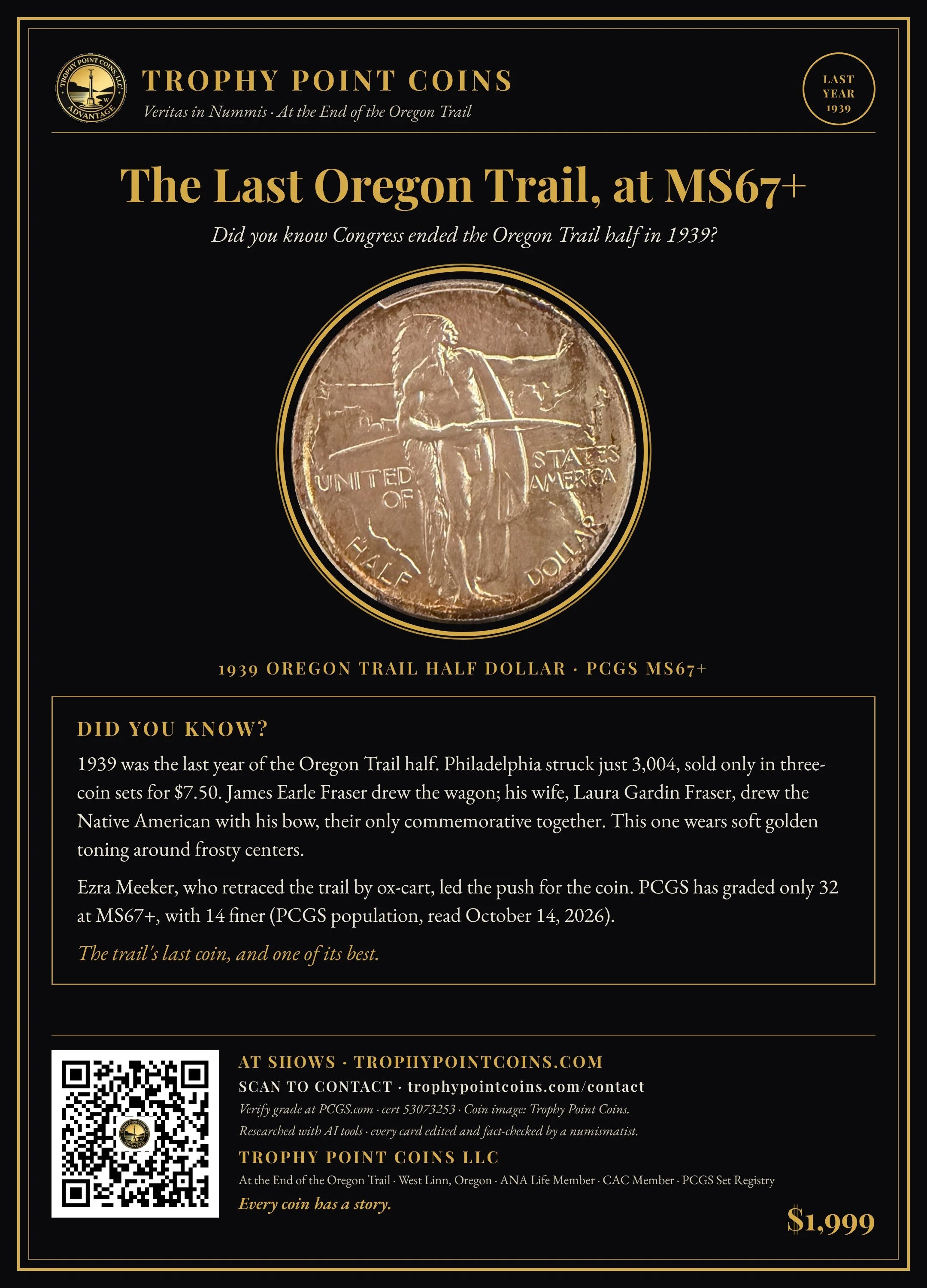 1939 Oregon Trail Half Dollar MS67+ PCGS