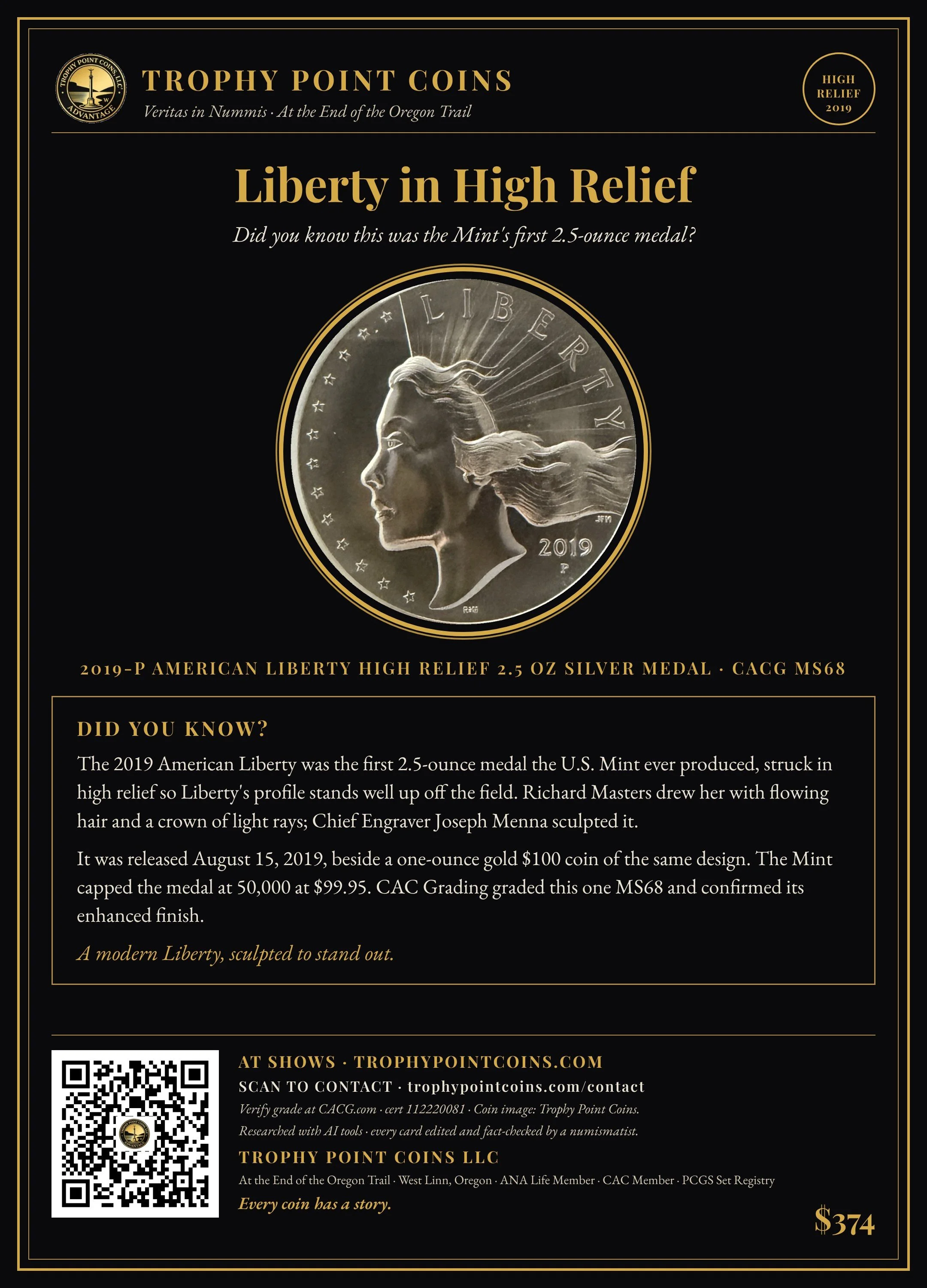 2019-P American Liberty High Relief 2.5 oz Silver Medal MS68 CACG