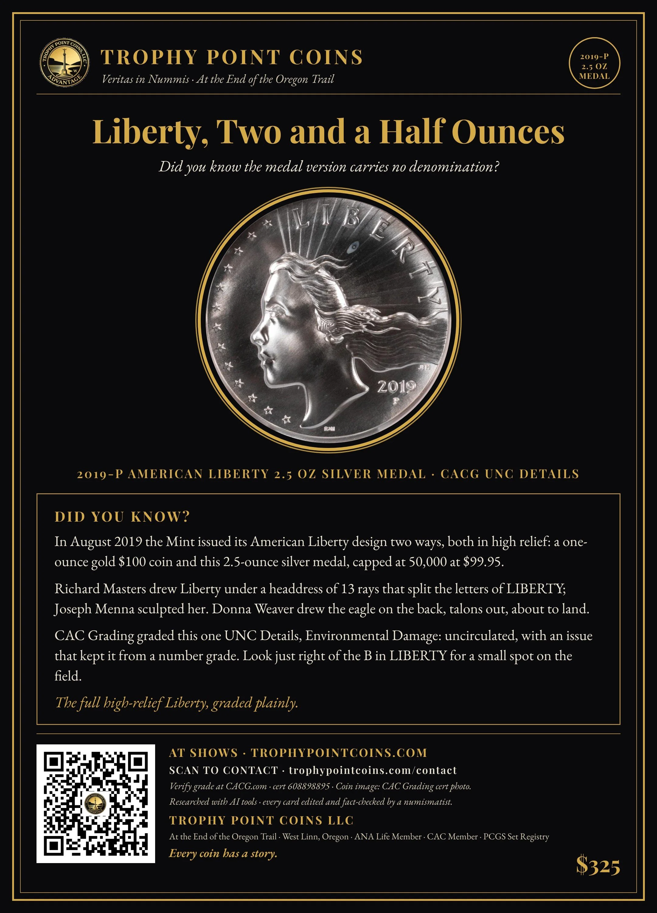 2019-P American Liberty High Relief 2.5 oz Silver Medal, CACG UNC Details