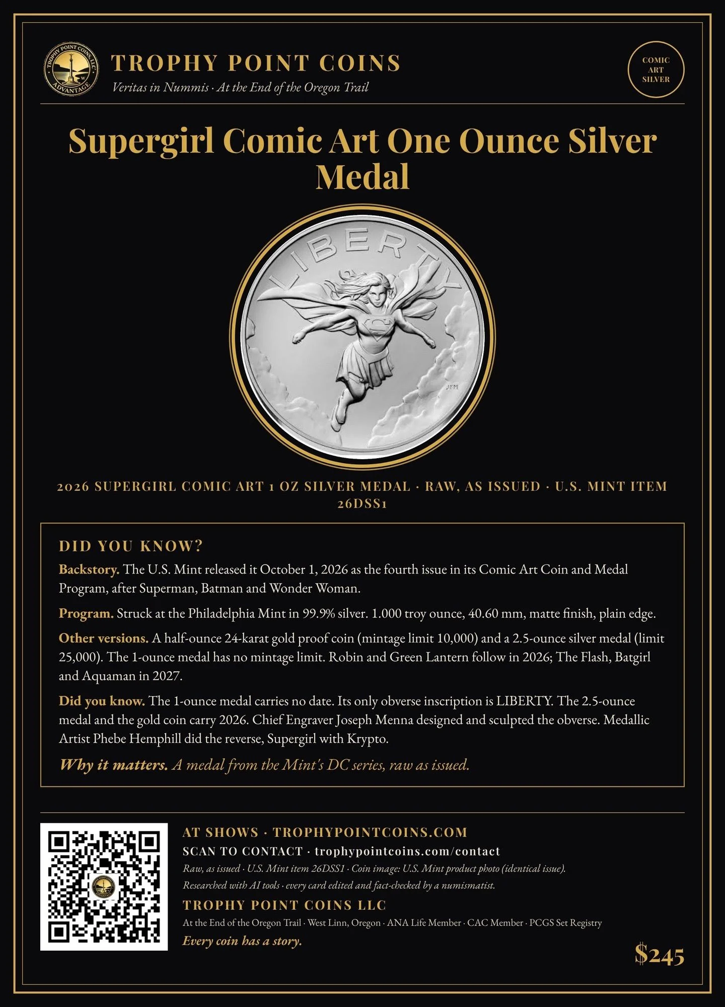 2026 DC Comics Supergirl 1 oz Silver Medal, U.S. Mint Presentation Case