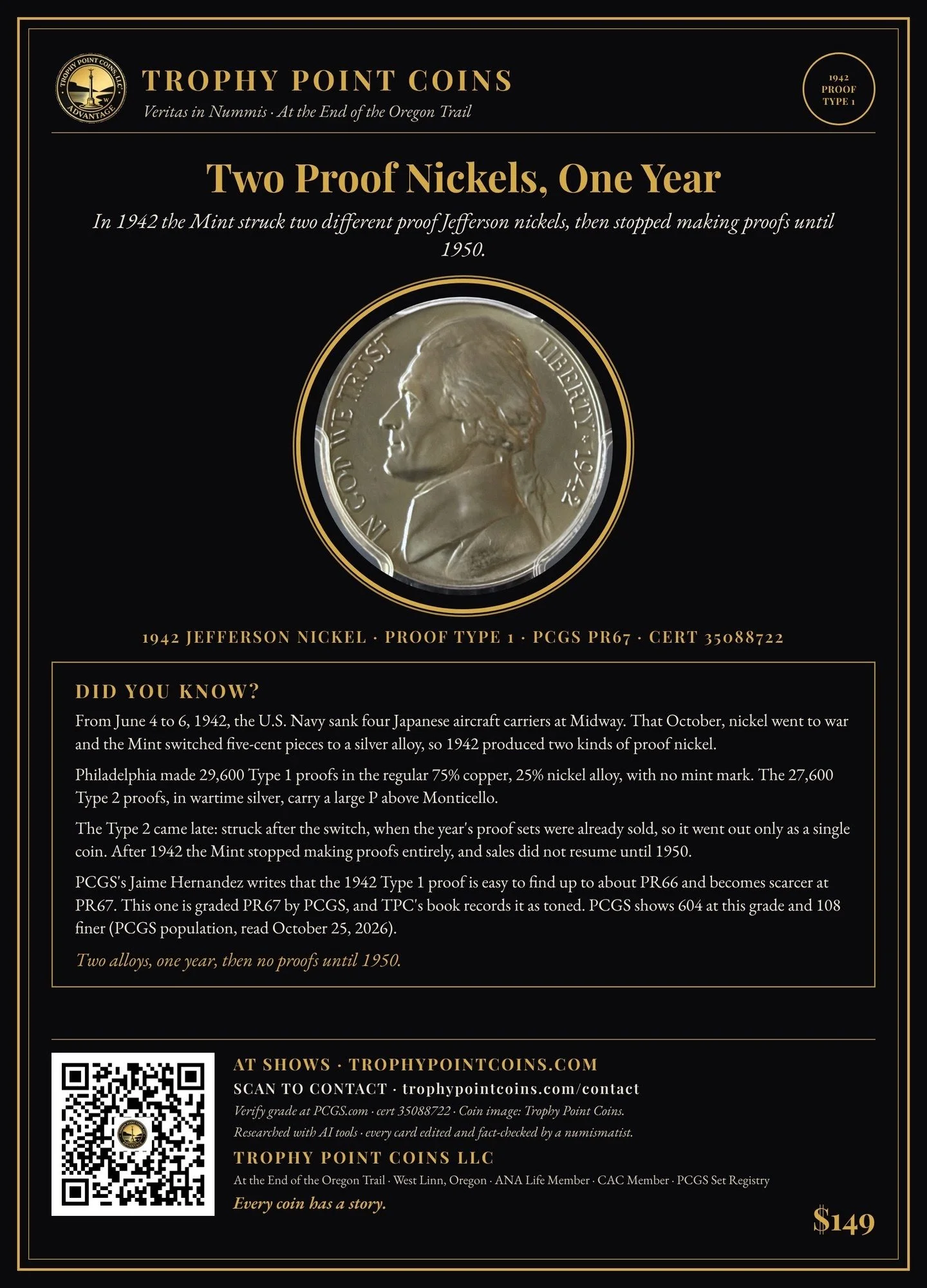 1942 Jefferson Nickel Type 1 Proof PR67 PCGS