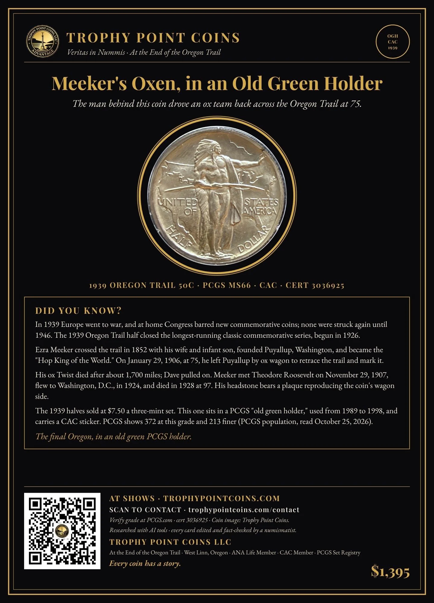 1939 Oregon Trail Half Dollar MS66 PCGS, CAC, Old Green Holder