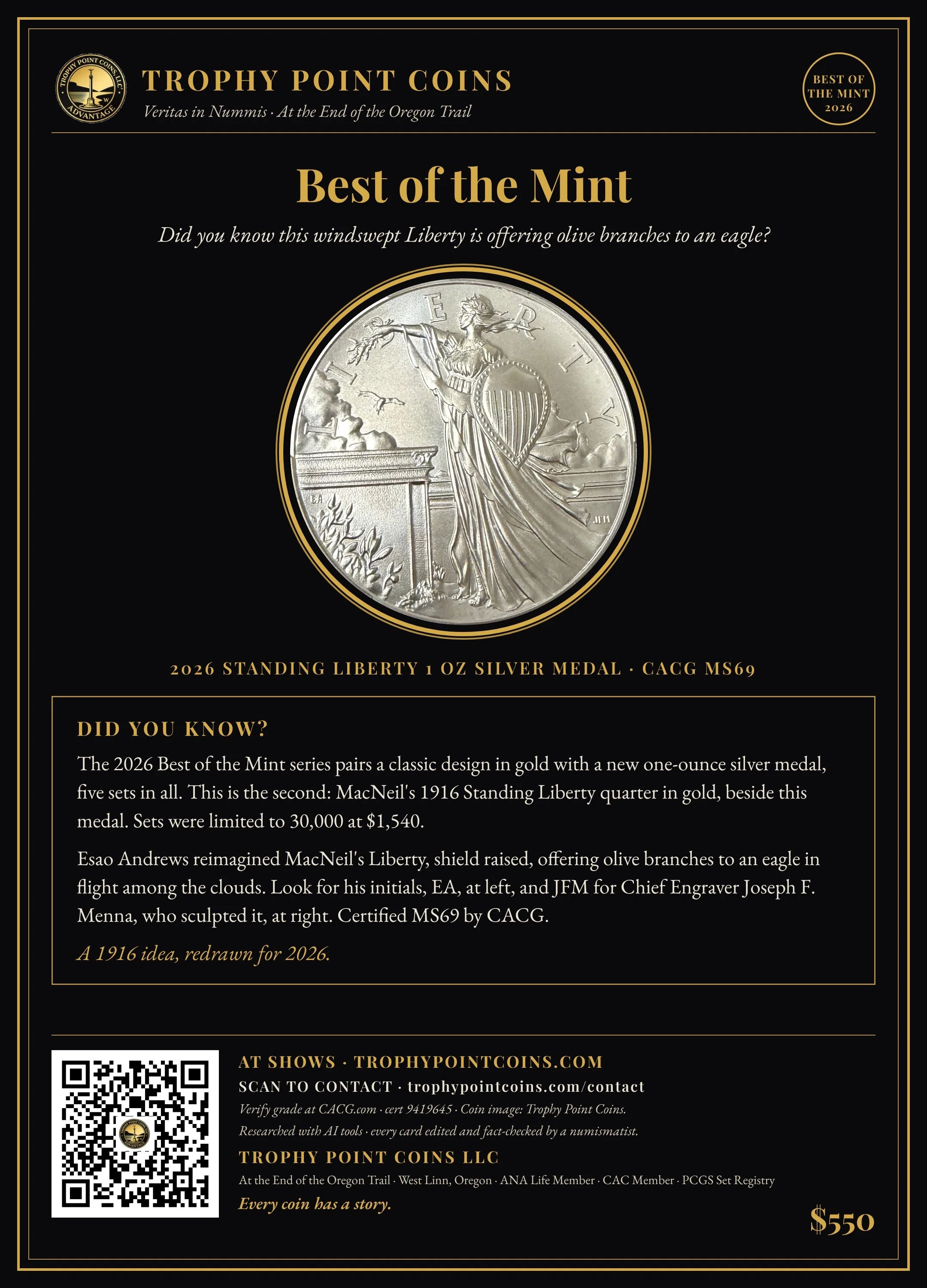 2026 Standing Liberty 1 oz Silver Medal MS69 CACG