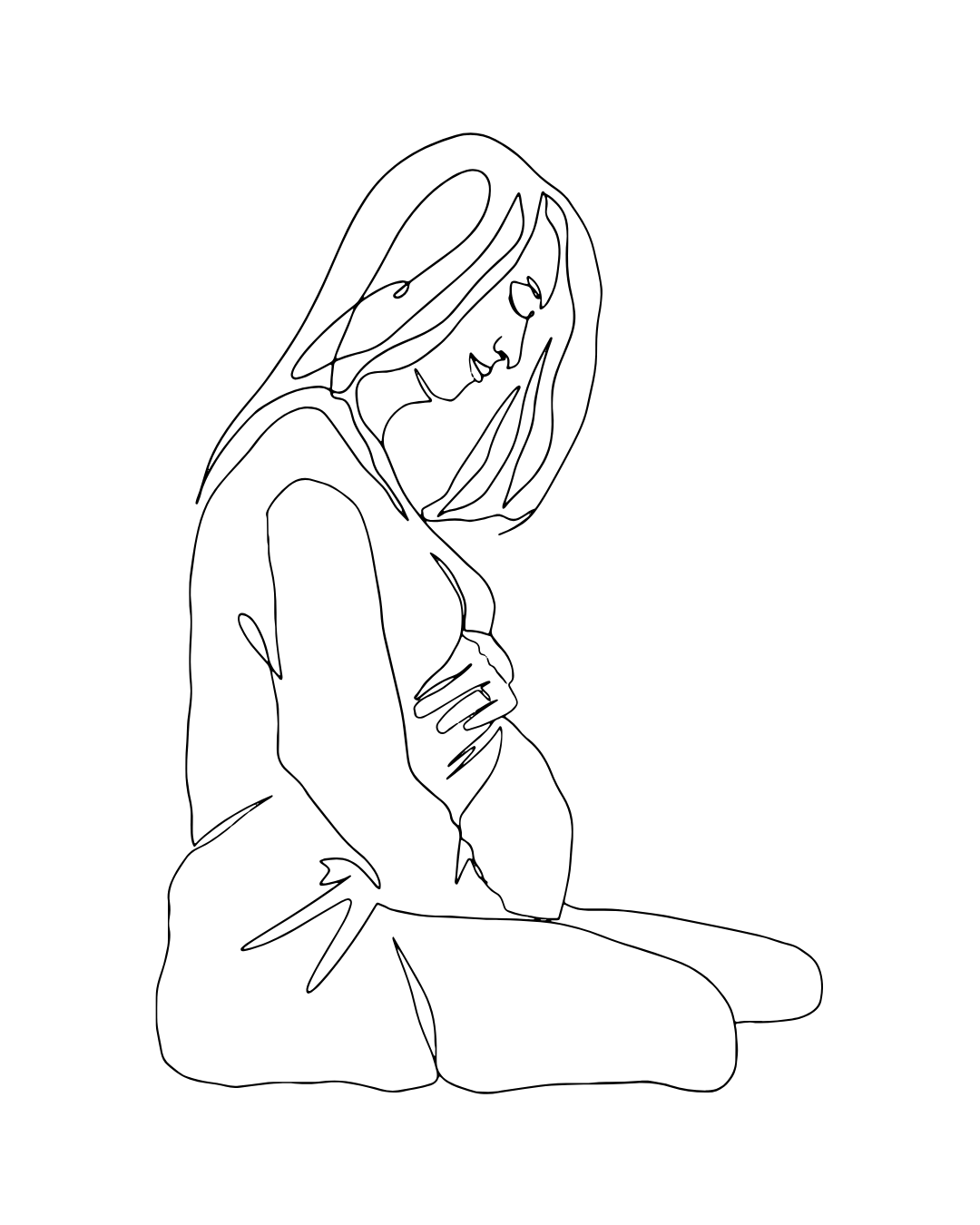 Line drawing of a woman sitting with her head bowed and hands on her stomach.