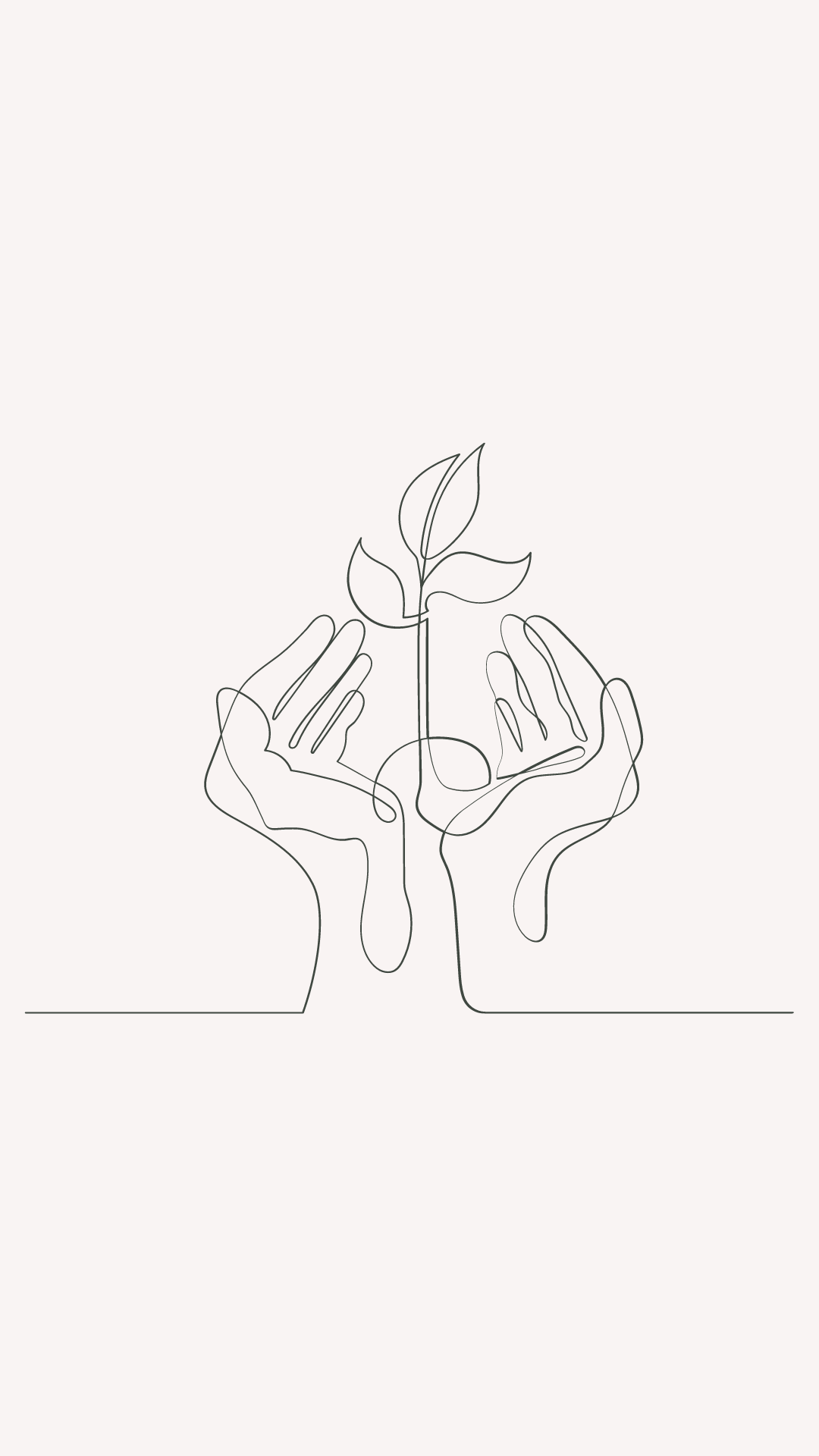 Minimalist line drawing of two hands holding a small plant with leaves.