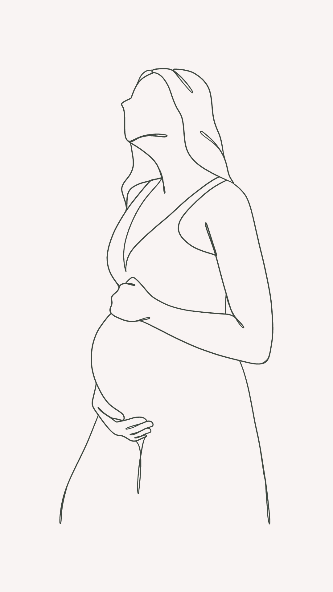 Line drawing of a pregnant woman holding her belly with one hand, her head turned slightly to the side.