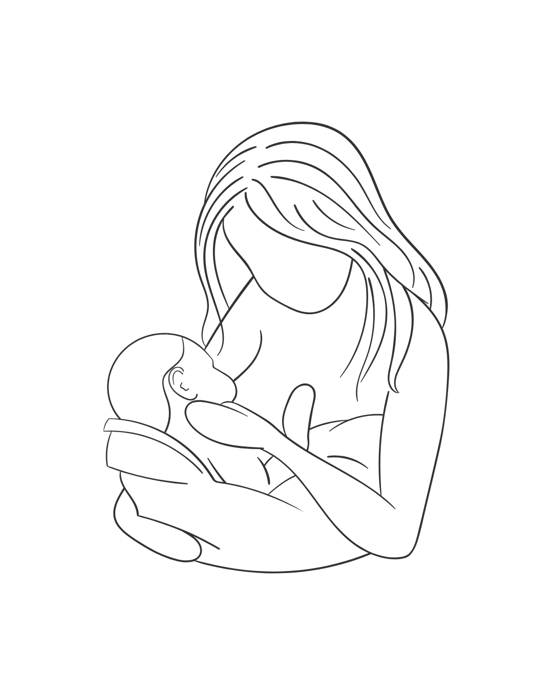 Line drawing of a woman holding a baby close to her chest, both with their eyes closed, engaged in a tender moment.