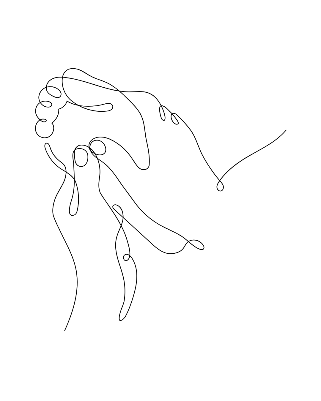 Line art of two hands touching with fingers intertwined.