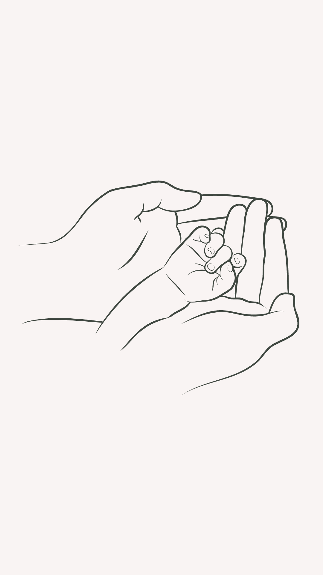 A line drawing of an adult hand holding a small child's hand.