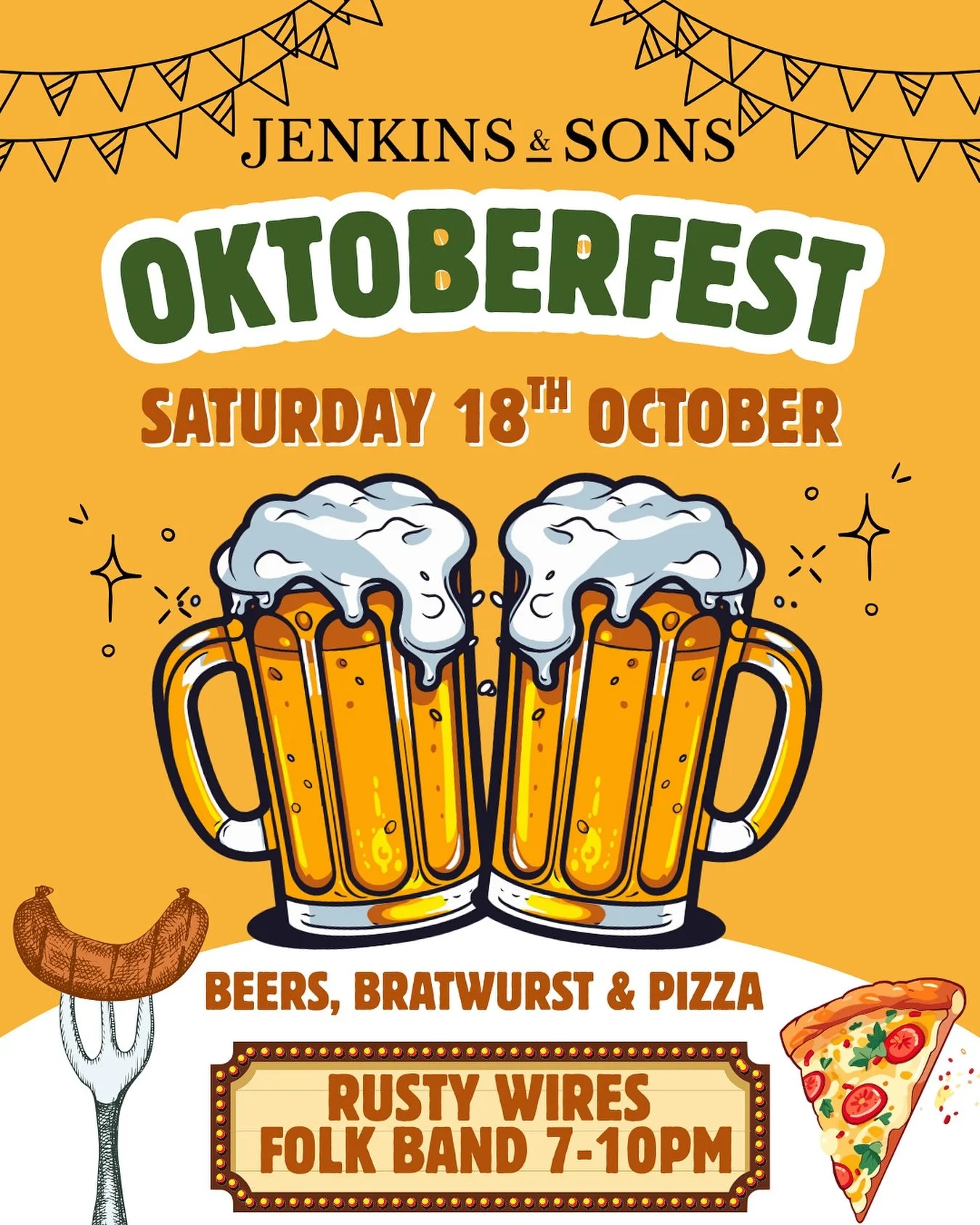 Oktoberfest comes to Jenkins

📅 Saturday 18th October from 4pm
🎶 Live: Rusty Wires Folk Band 7-10pm
🍕 Bratwurst specials &amp; &pound;10 pizzas all night
🍺 Happy Hour 4-6pm

Beer, bites &amp; Bavarian vibes

Book your spot &ndash; link in bio.

#