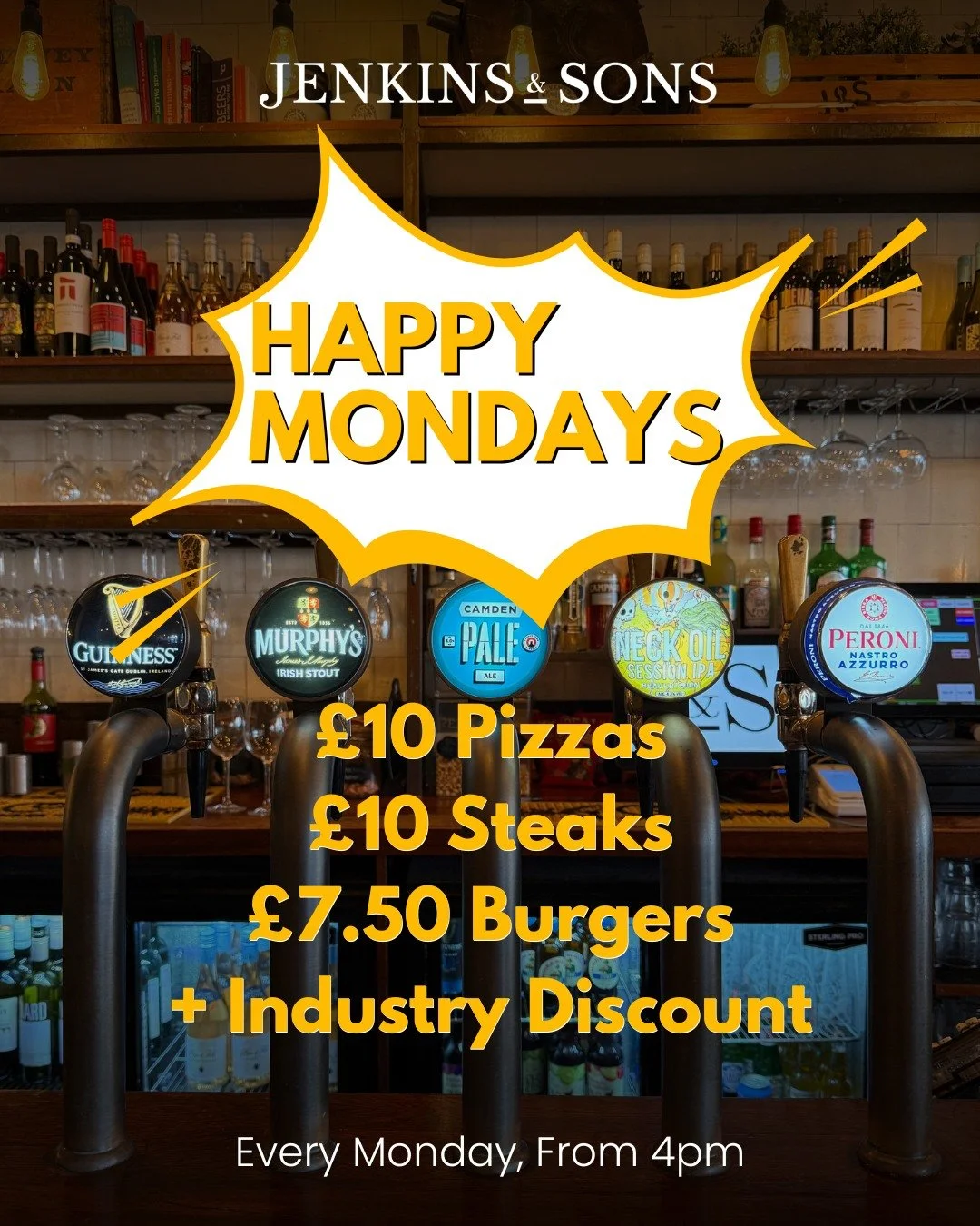 🔥 Happy Mondays

&pound;10 pizzas &amp; steaks &bull; &pound;7.50 burgers &bull; industry discount

Every Monday from 4pm &mdash; book now or miss out.

#HappyMondays #JenkinsAndSons #PennHill #PooleEats