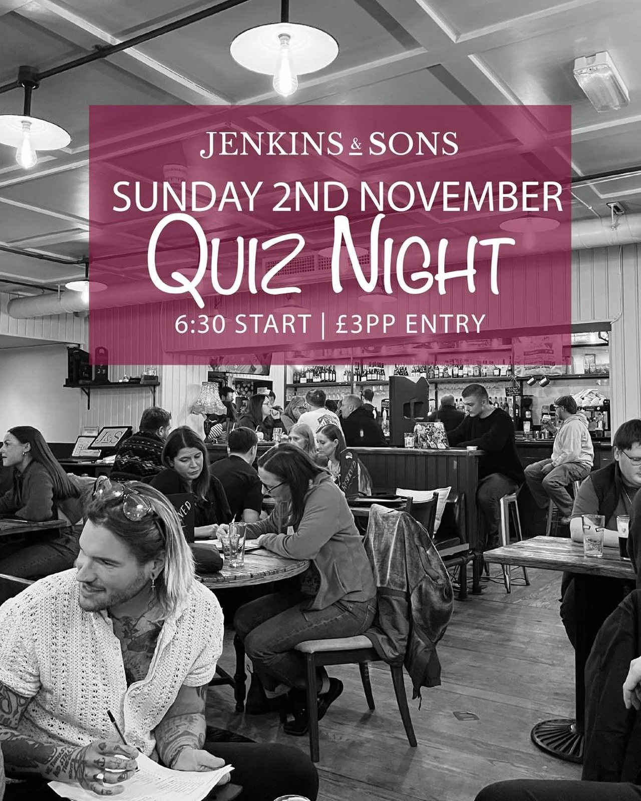 This Sunday. Quiz Night. 🧠💡

⏰ Sunday 2nd November at 6:30pm 
🚪 &pound;3 per person CASH 
💰 Prize - &lsquo;The Cash Pot&rsquo; 

Good mates, big laughs, only 1 team can win 🏆

We&rsquo;ve got everything else covered... 🍻🥩 🍕 🍔 

📍 Jenkins &a