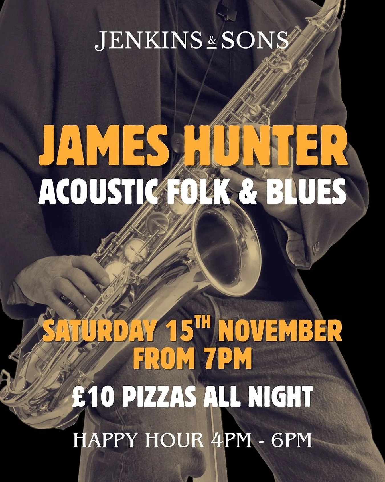 James Hunter &mdash; Acoustic Folk &amp; Blues

📅 Sat 15 Nov | From 7pm
🍕 &pound;10 pizzas all night
🍺 Happy Hour 4&ndash;6

Folk, blues &amp; fire-cooked flavours

Booking link in bio

#PennHill #PooleNights #JenkinsAndSons