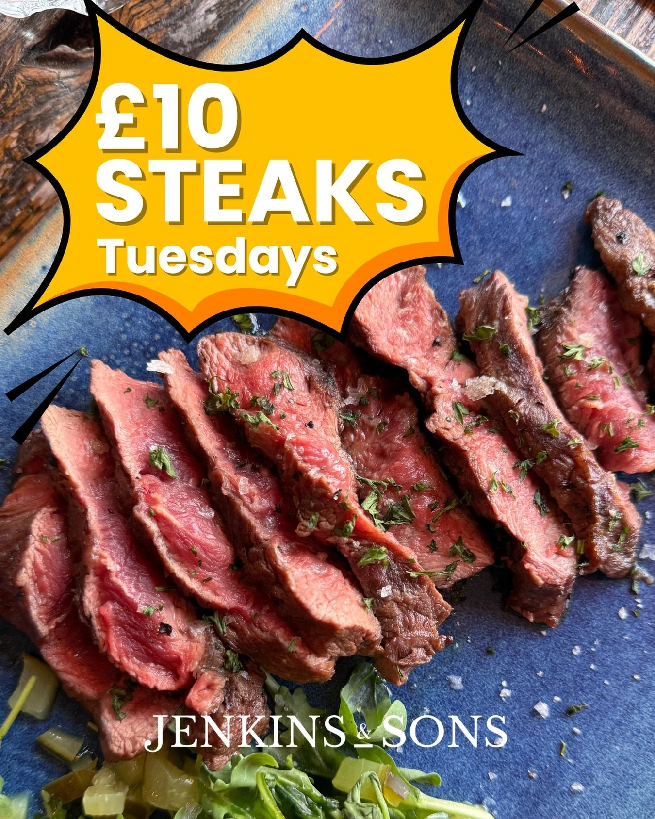 Steak for a tenner 🔥

Every Tuesday from 4pm.

HH 4&ndash;6 &mdash; beers cold, grill hot.

#TuesdayPlans #SteakNight #PennHill #JenkinsAndSons